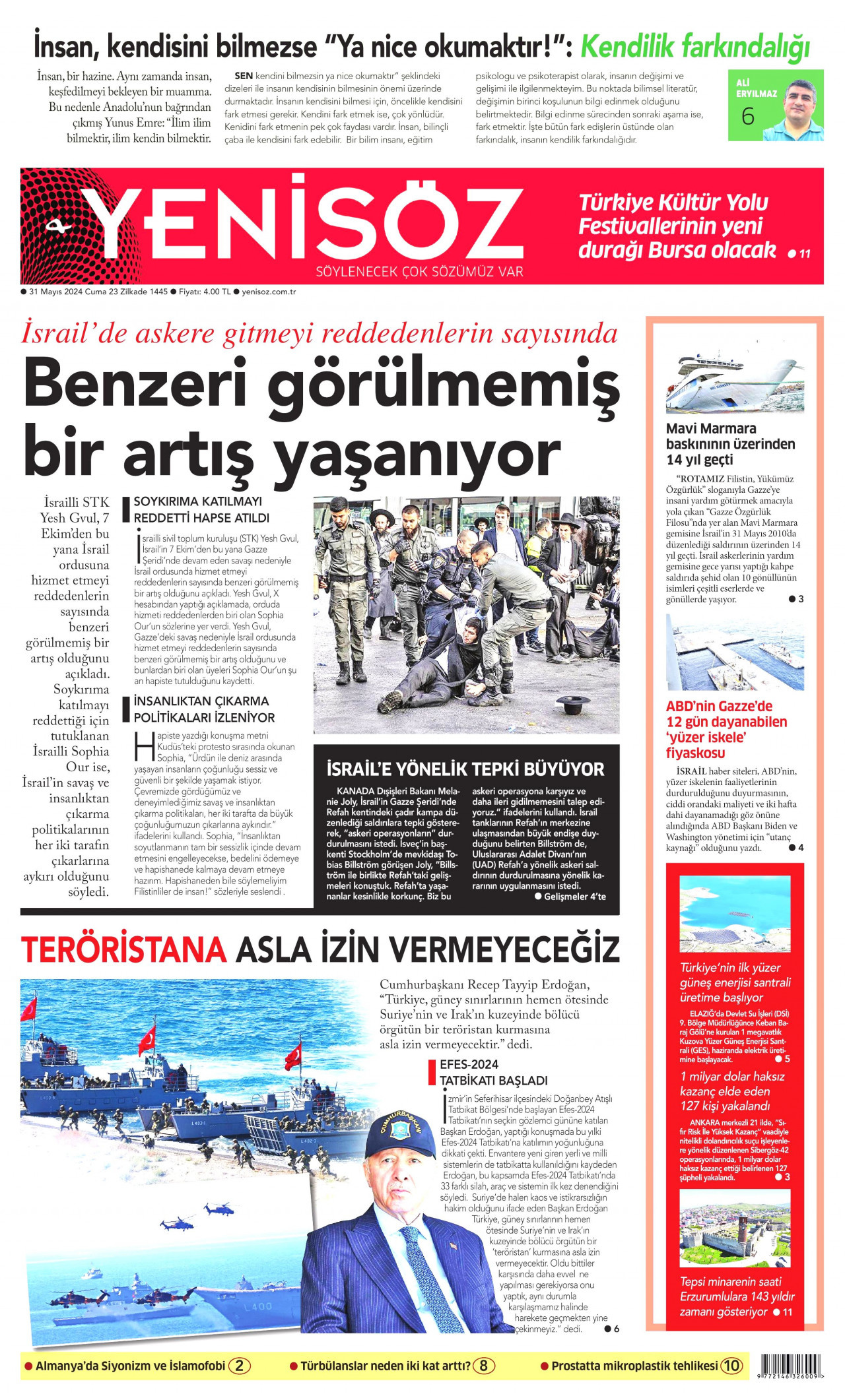 YENİ SÖZ GAZETESİ gazetesinin 31 Mayıs 2024 tarihli birinci sayfası