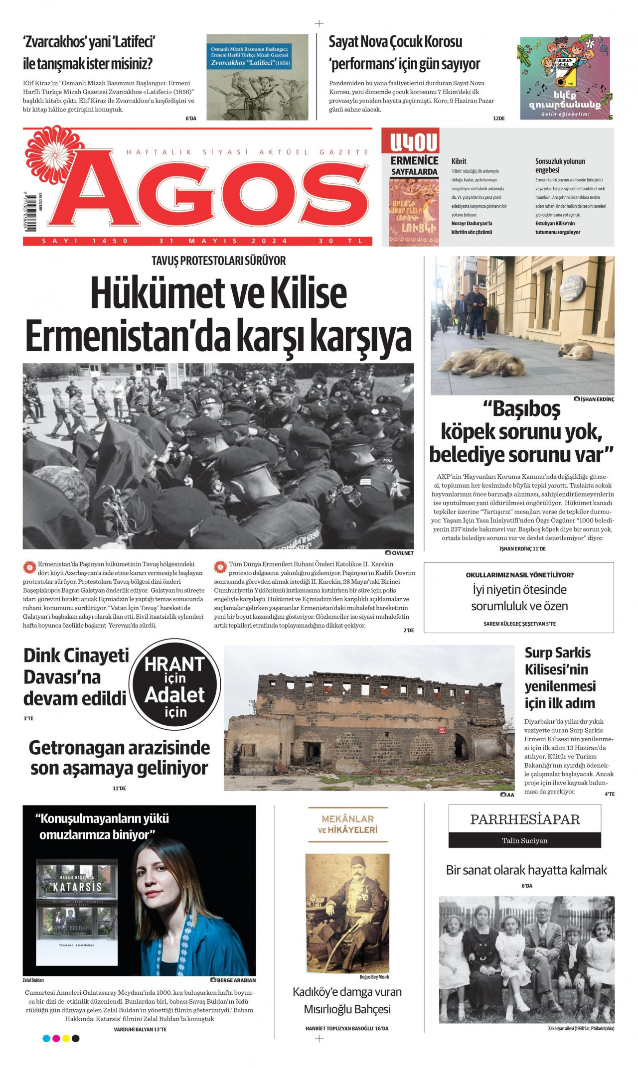 AGOS gazetesinin 31 Mayıs 2024 tarihli birinci sayfası