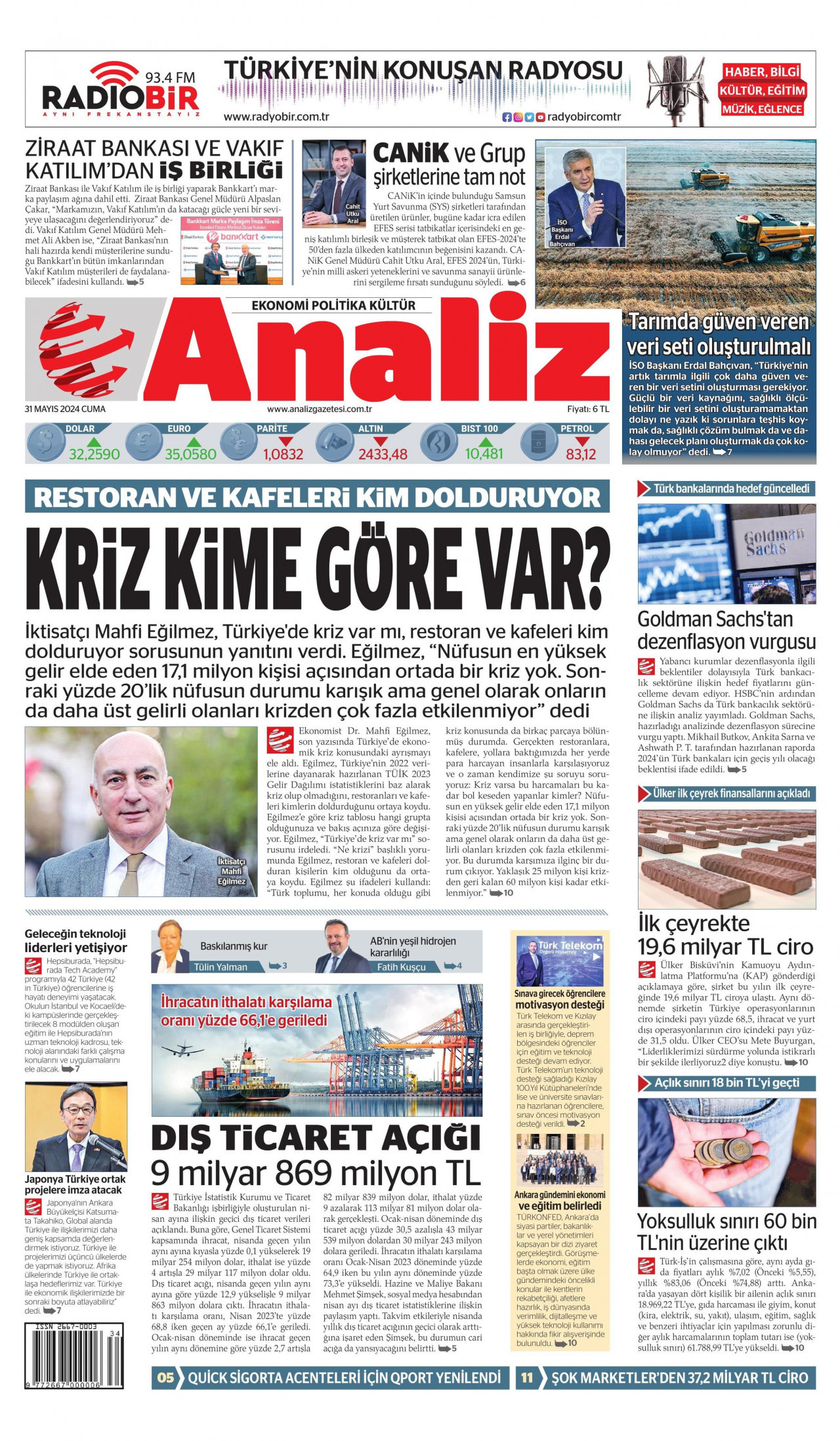 ANALİZ gazetesinin 31 Mayıs 2024 tarihli birinci sayfası