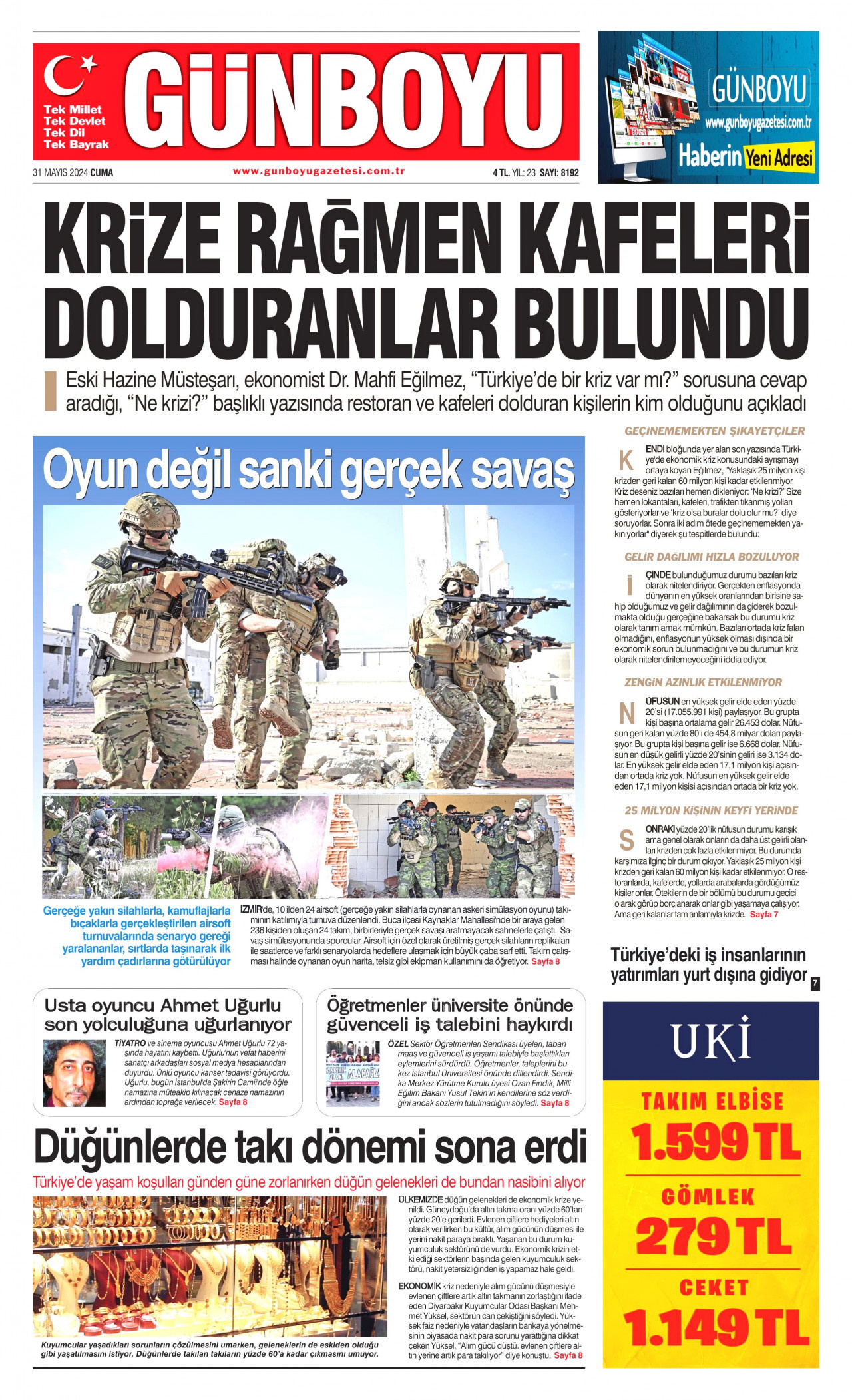 GÜNBOYU gazetesinin 31 Mayıs 2024 tarihli birinci sayfası