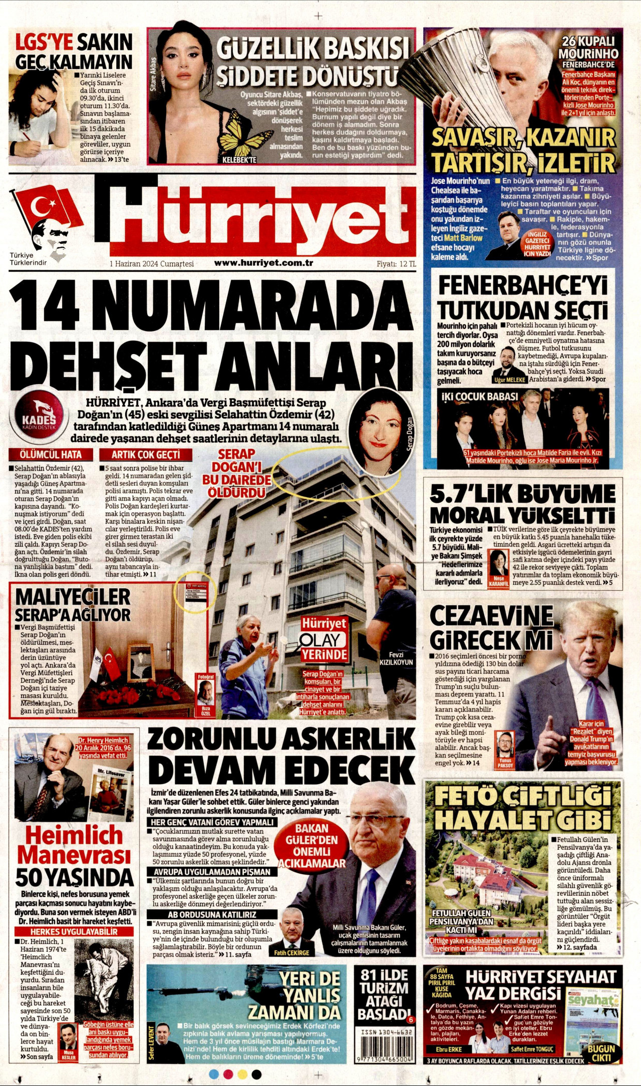 HÜRRİYET gazetesinin 1 Haziran 2024 tarihli birinci sayfası