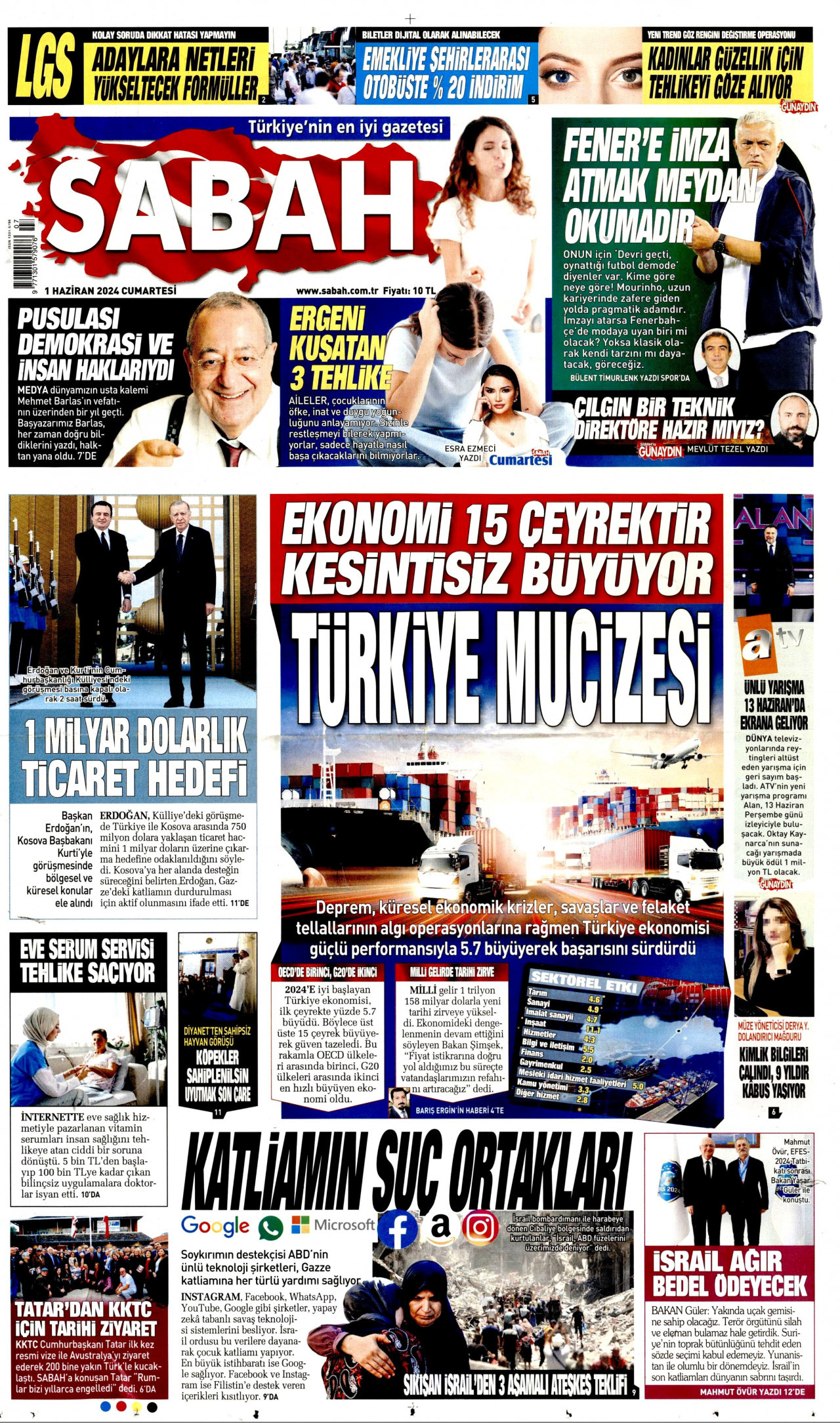 SABAH gazetesinin 1 Haziran 2024 tarihli birinci sayfası