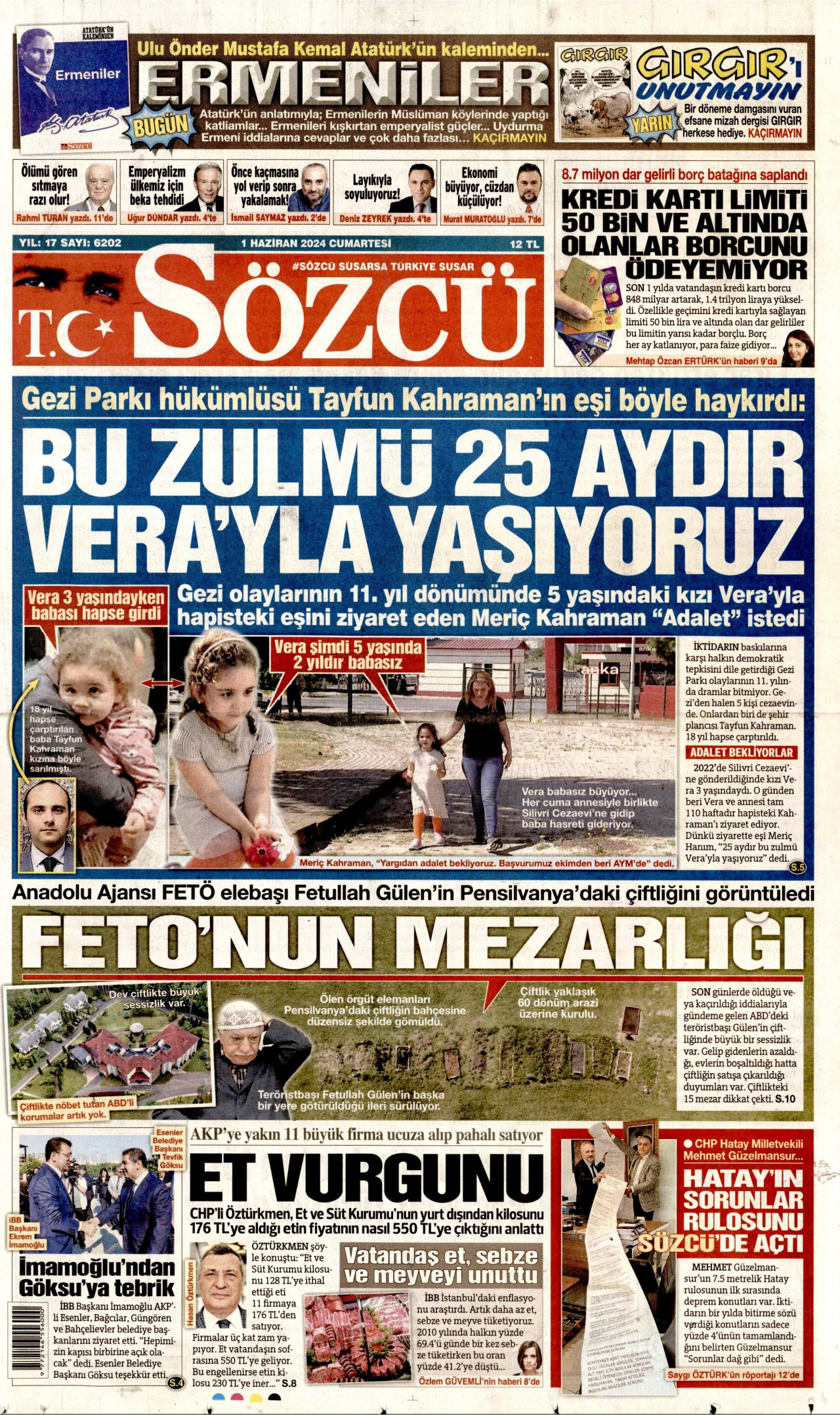 SÖZCÜ gazetesinin 1 Haziran 2024 tarihli birinci sayfası