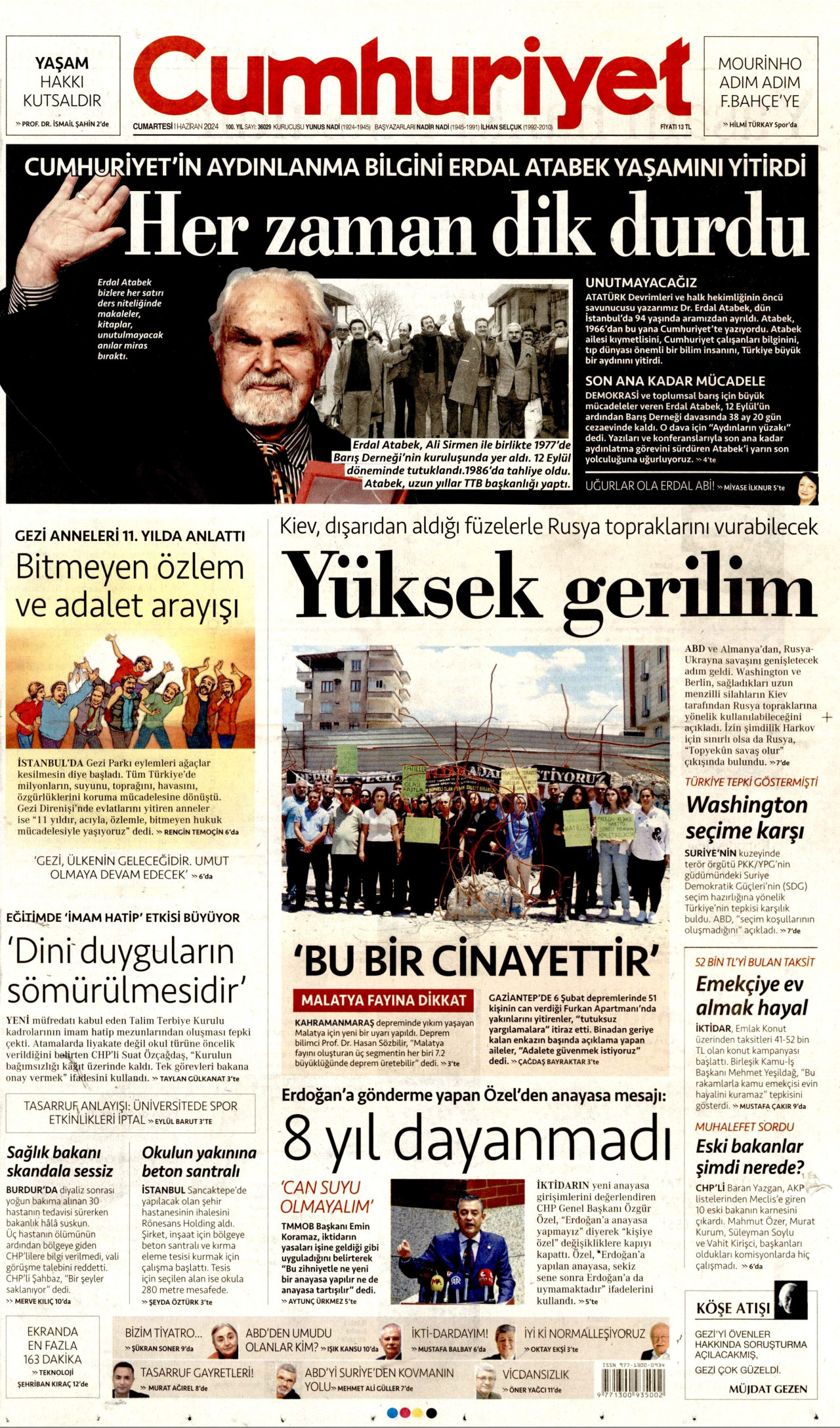 CUMHURİYET gazetesinin 1 Haziran 2024 tarihli birinci sayfası