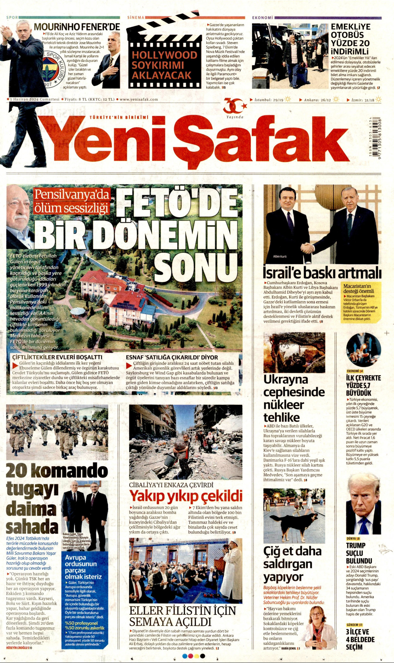 YENİ ŞAFAK gazetesinin 1 Haziran 2024 tarihli birinci sayfası