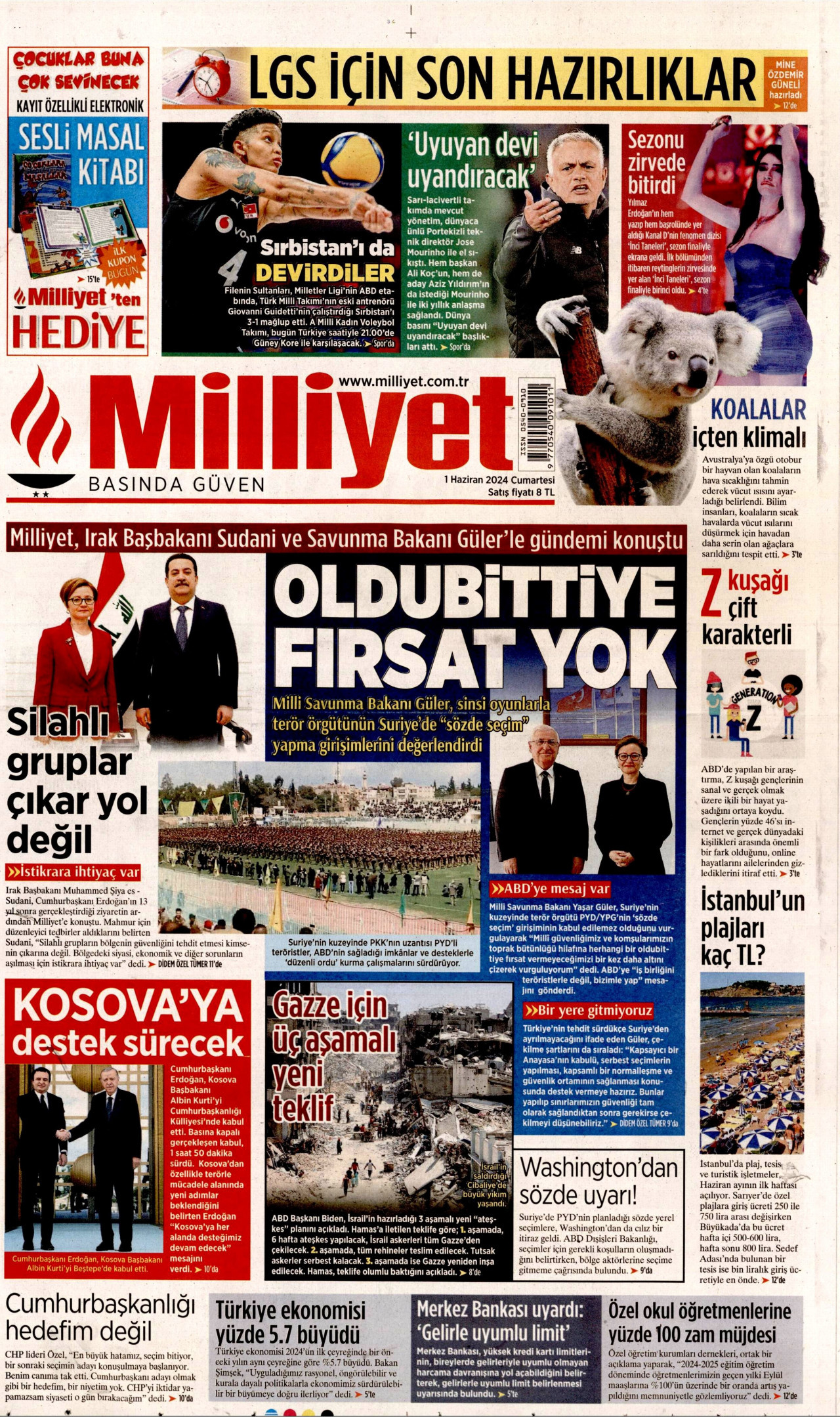 MİLLİYET gazetesinin 1 Haziran 2024 tarihli birinci sayfası