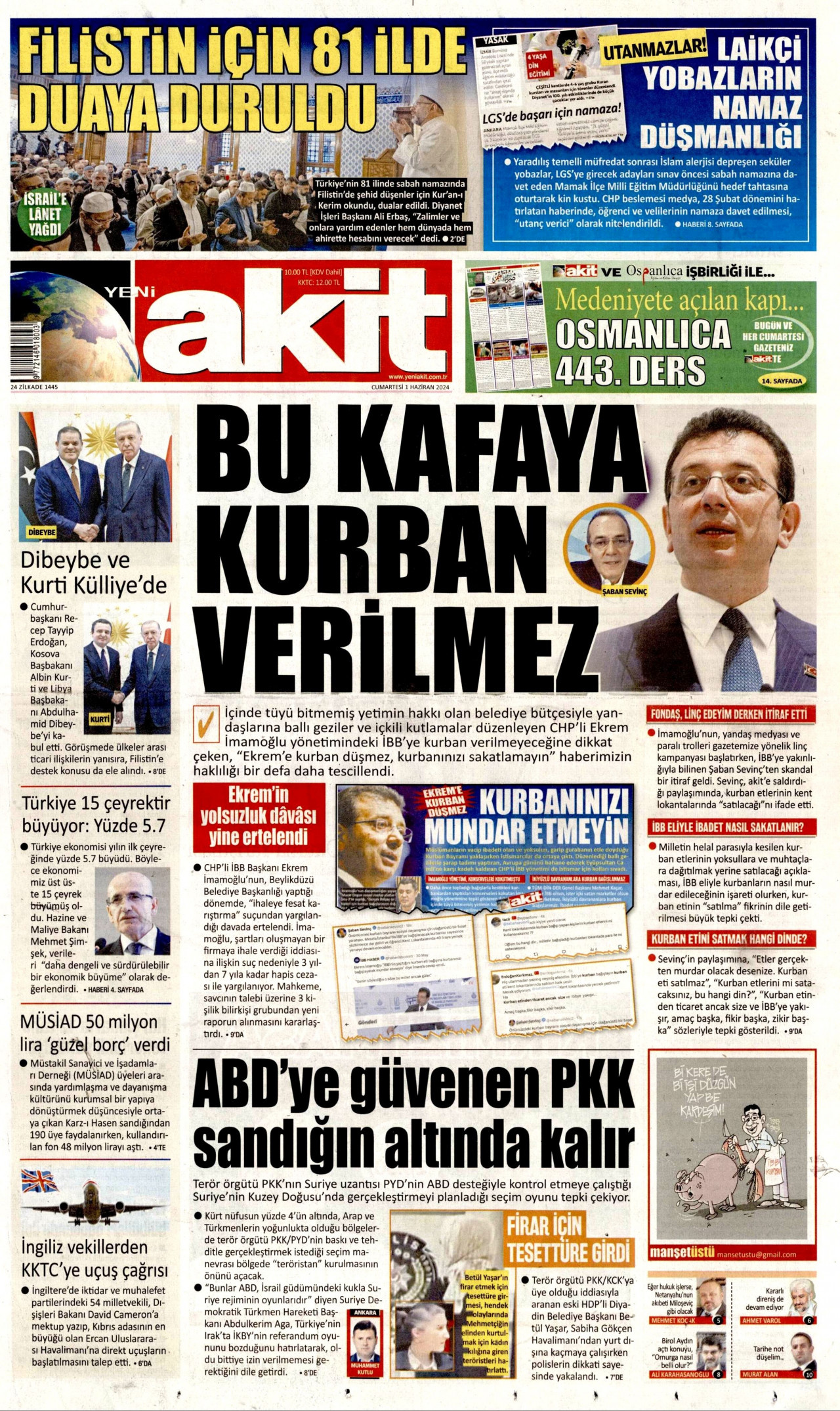 YENİ AKİT gazetesinin 1 Haziran 2024 tarihli birinci sayfası
