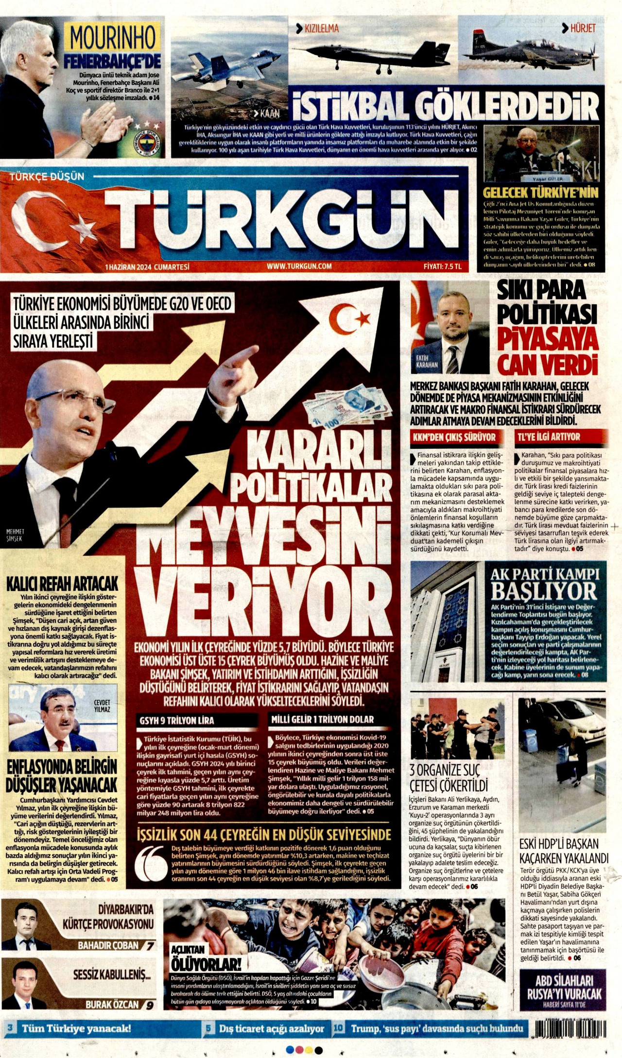 TÜRKGÜN gazetesinin 1 Haziran 2024 tarihli birinci sayfası