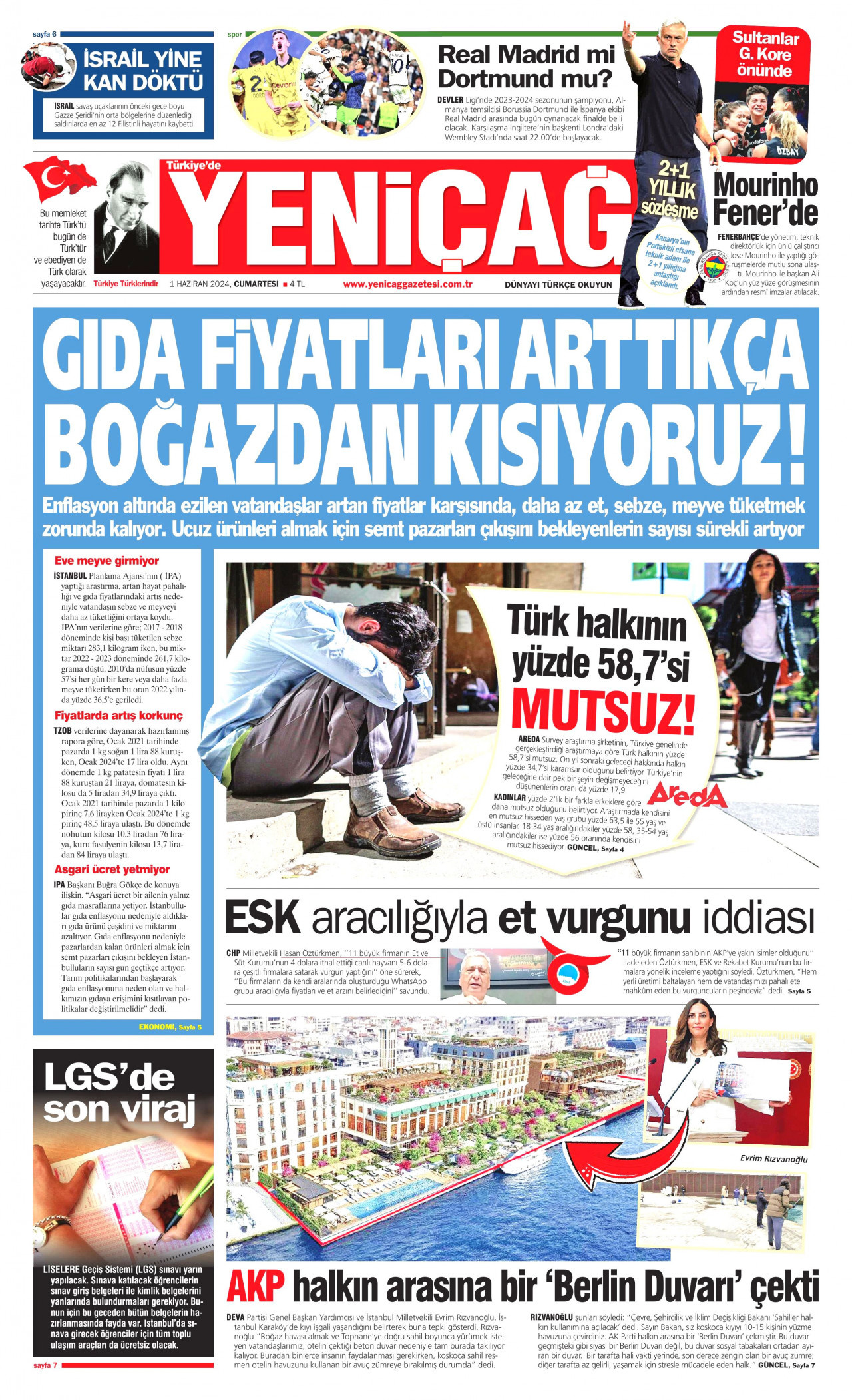 YENİÇAĞ gazetesinin 1 Haziran 2024 tarihli birinci sayfası