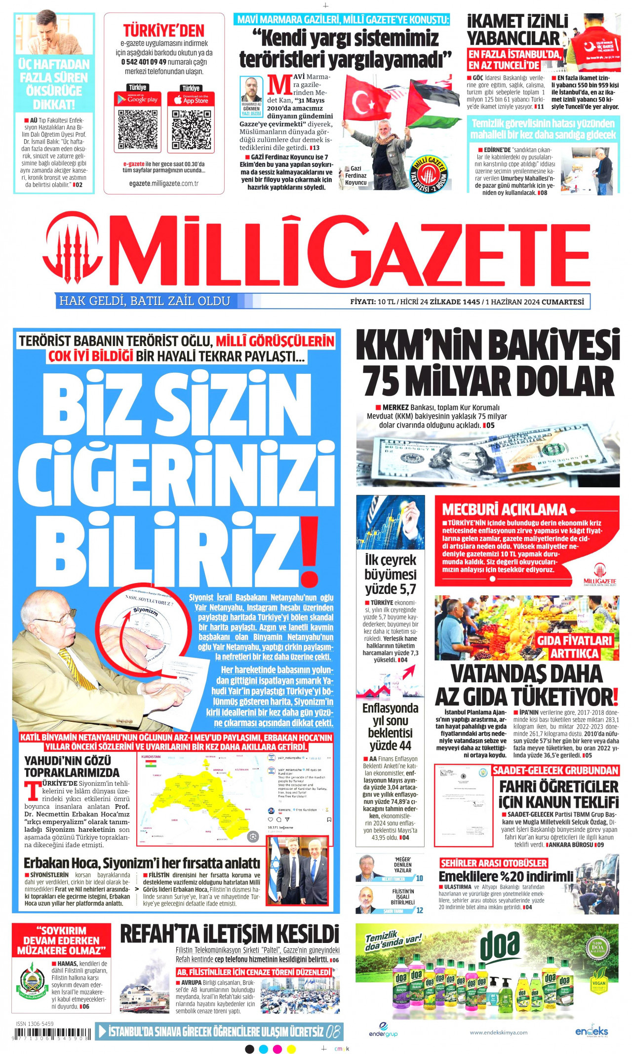 MİLLİ GAZETE gazetesinin 1 Haziran 2024 tarihli birinci sayfası