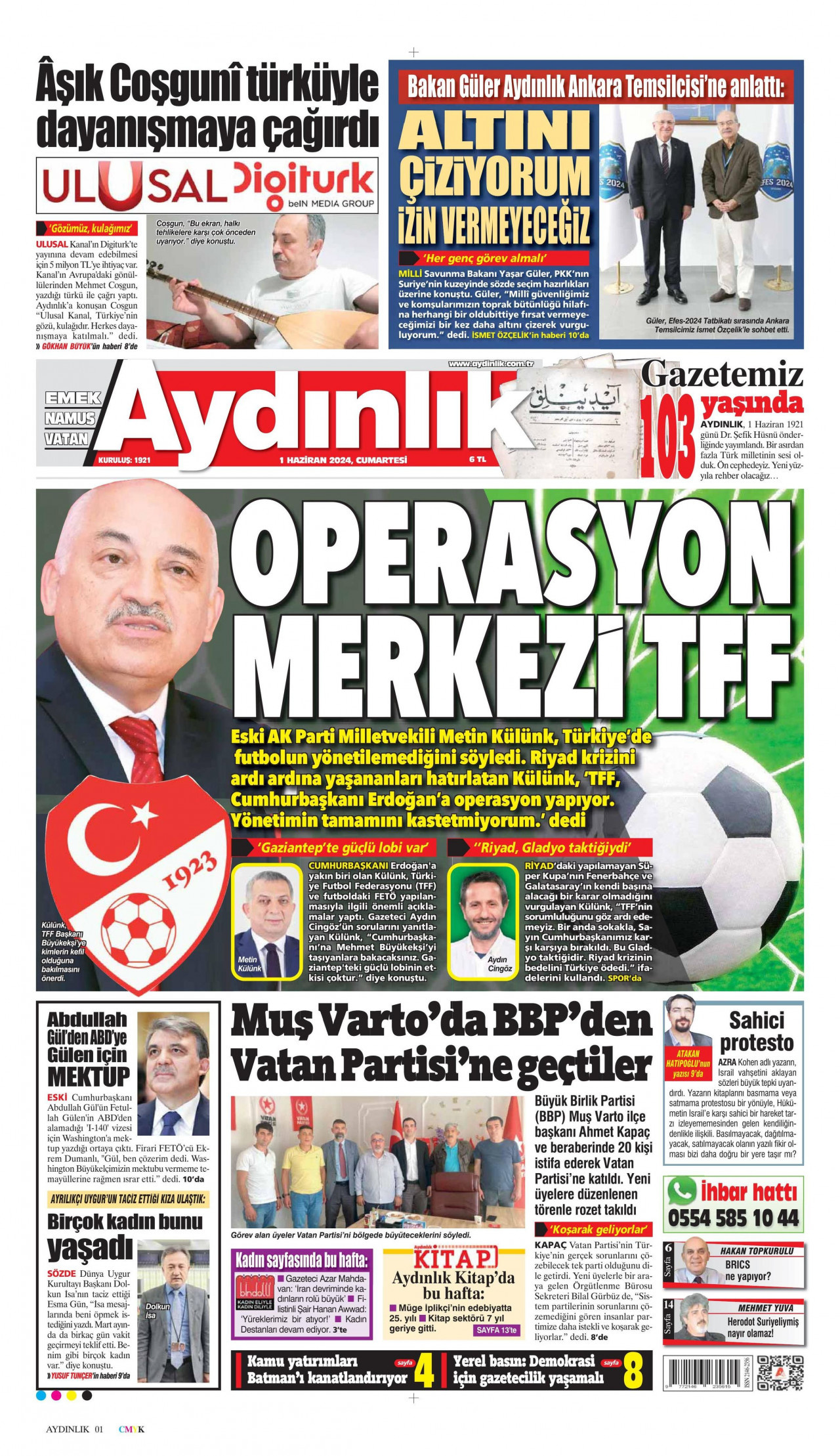 AYDINLIK GAZETESİ gazetesinin 1 Haziran 2024 tarihli birinci sayfası