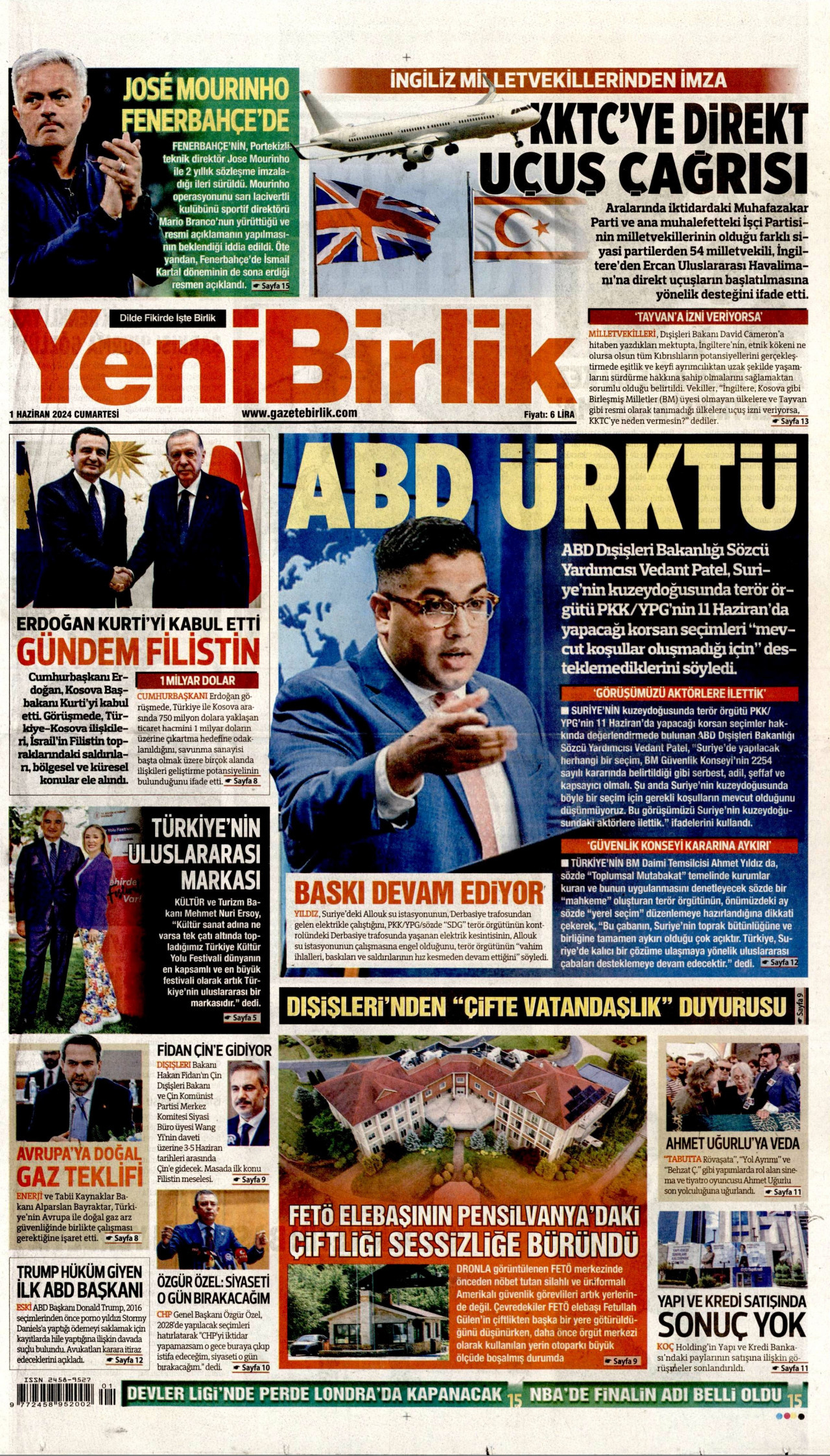 YENİBİRLİK gazetesinin 1 Haziran 2024 tarihli birinci sayfası