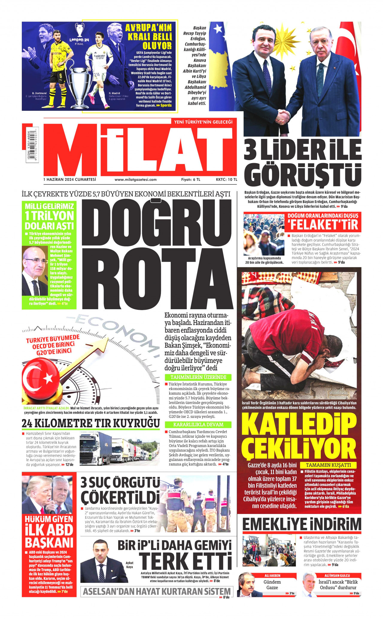 MİLAT gazetesinin 1 Haziran 2024 tarihli birinci sayfası