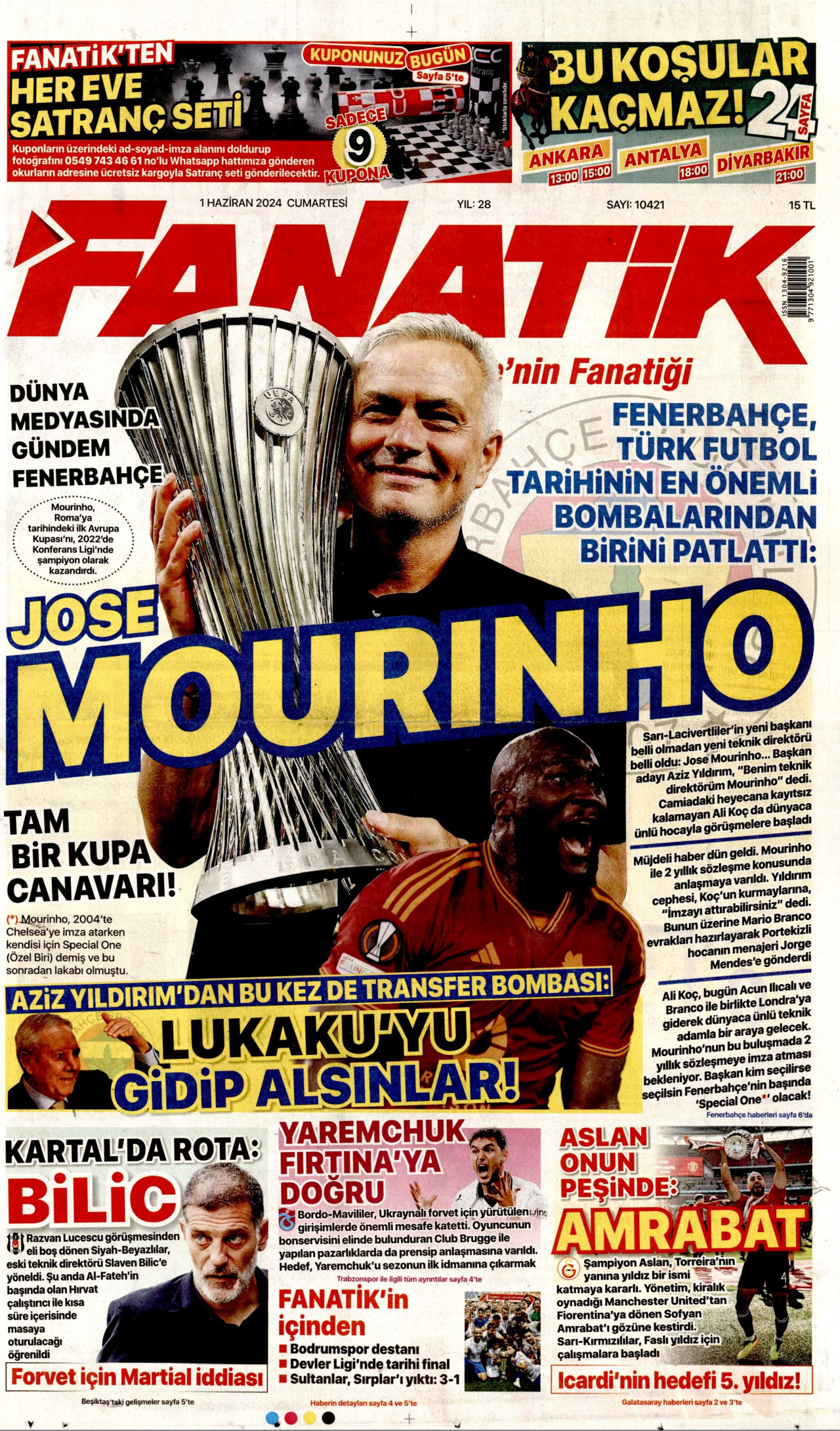 FANATİK gazetesinin 1 Haziran 2024 tarihli birinci sayfası