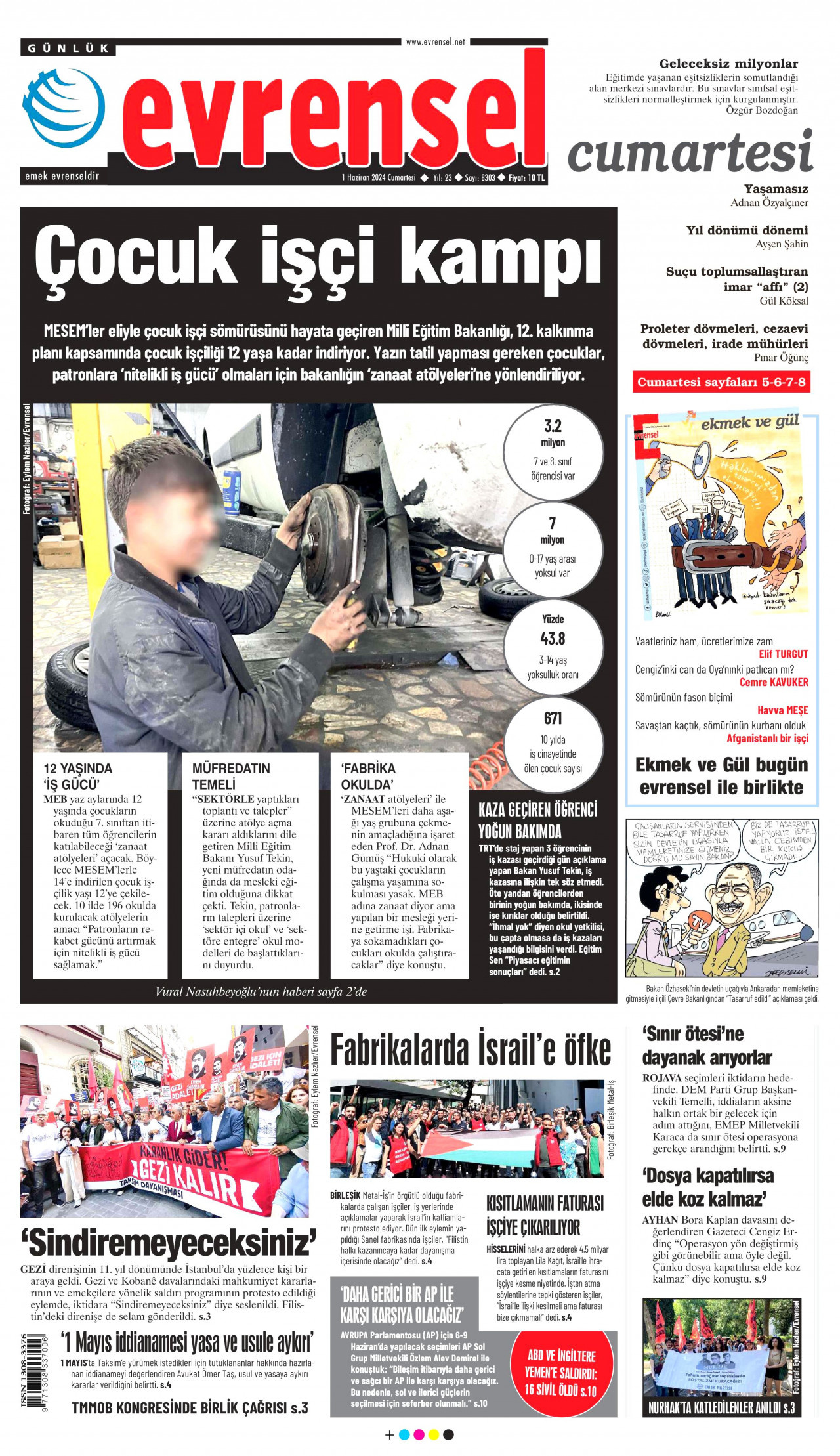 EVRENSEL gazetesinin 1 Haziran 2024 tarihli birinci sayfası
