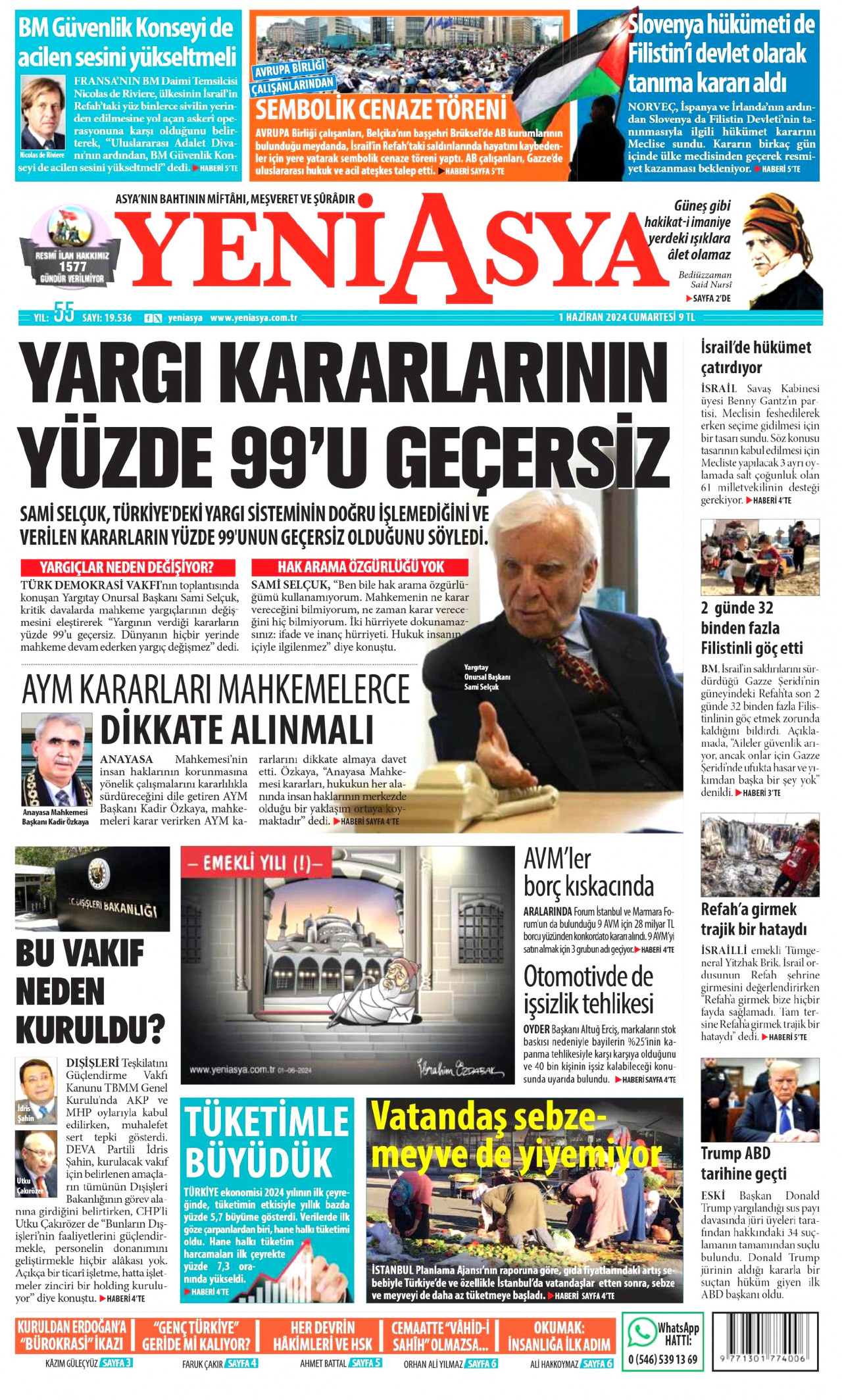 YENİ ASYA gazetesinin 1 Haziran 2024 tarihli birinci sayfası
