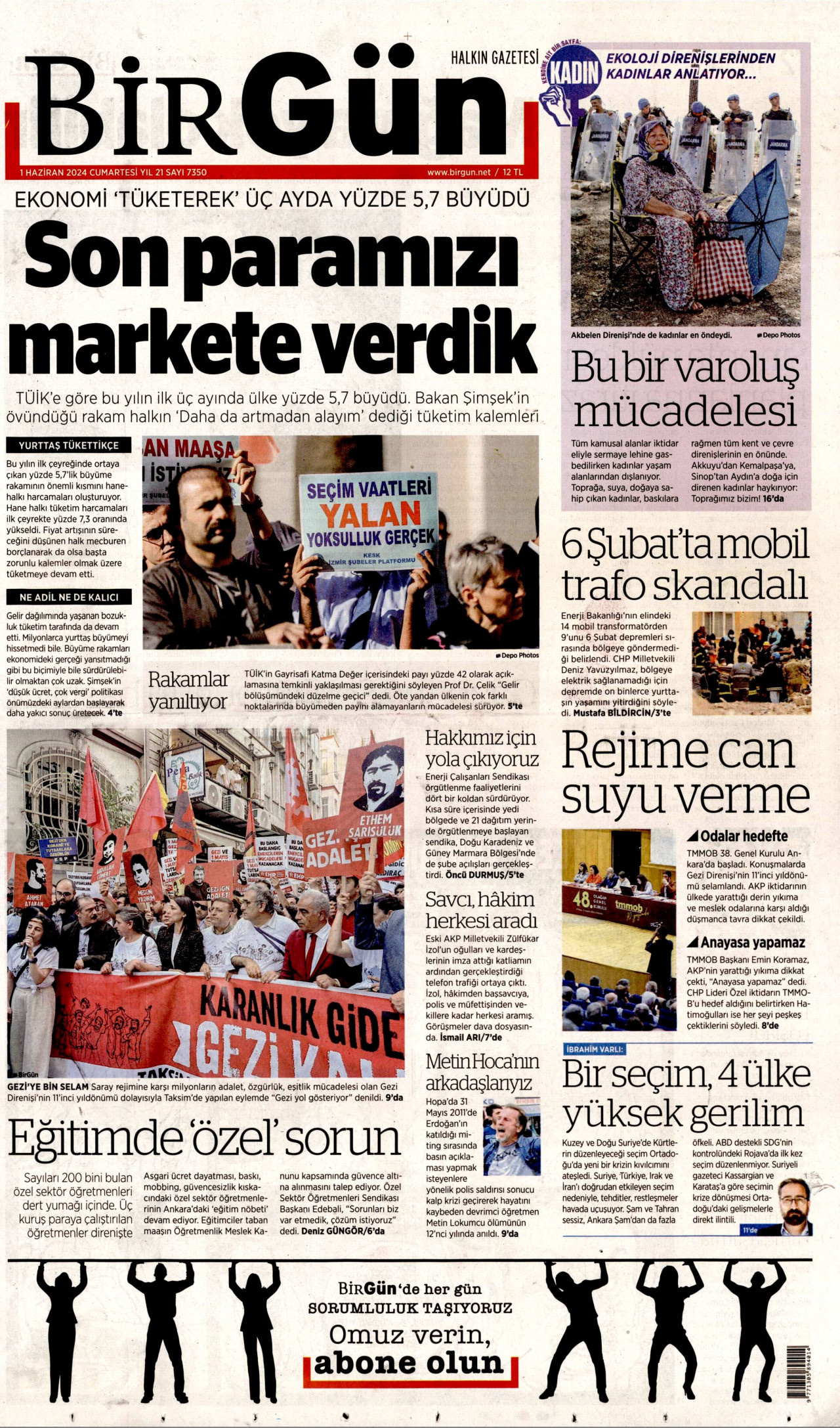 BİRGÜN gazetesinin 1 Haziran 2024 tarihli birinci sayfası