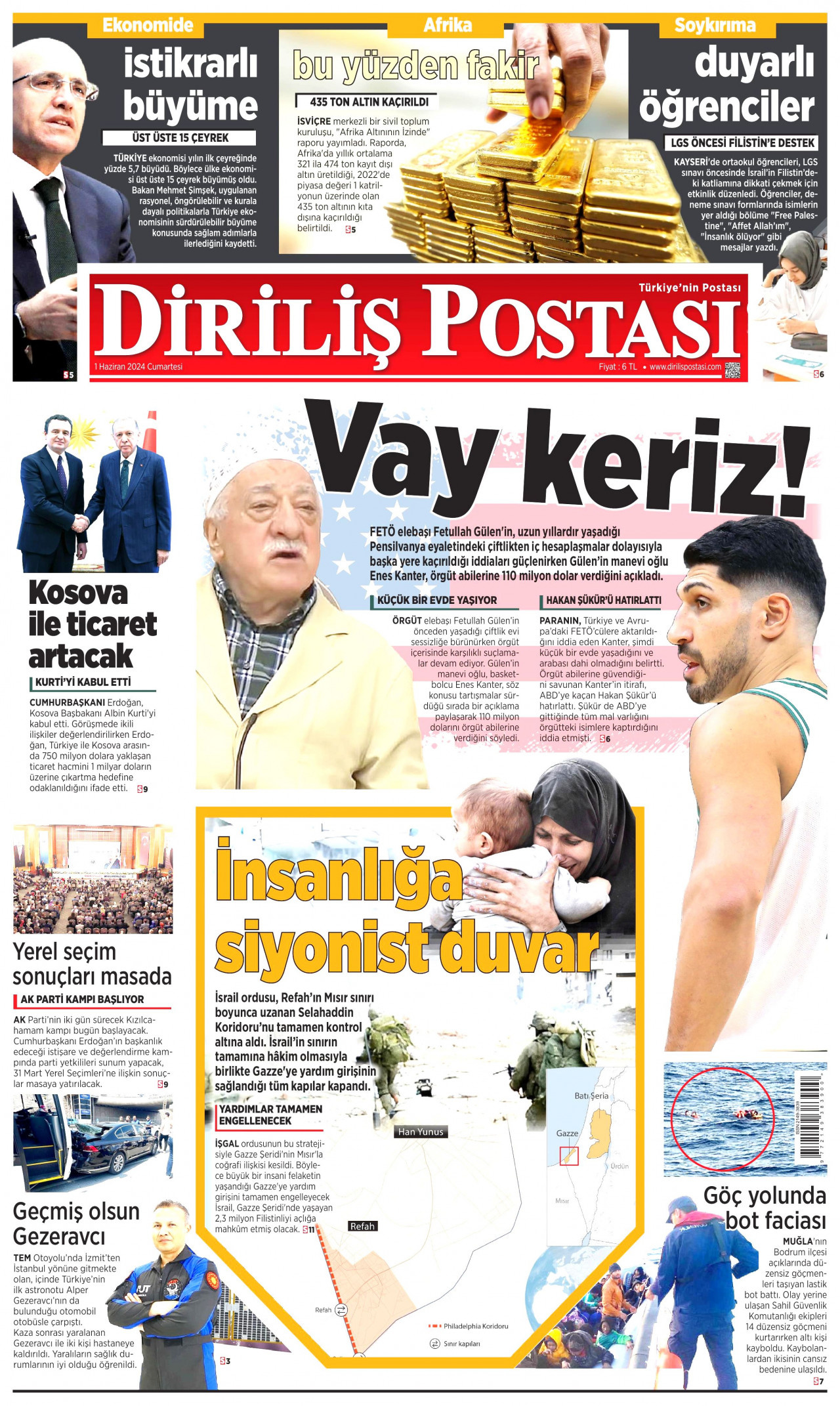 DİRİLİŞ POSTASI gazetesinin 1 Haziran 2024 tarihli birinci sayfası