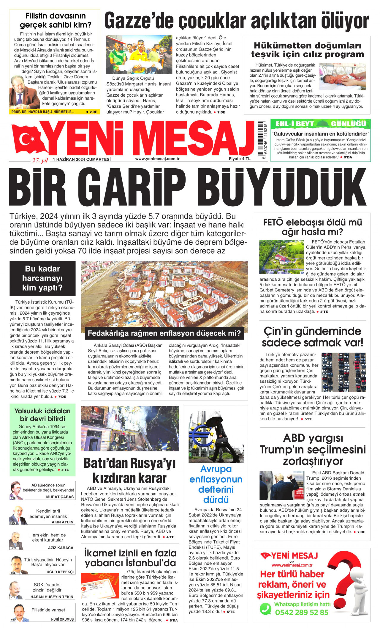 YENİ MESAJ gazetesinin 1 Haziran 2024 tarihli birinci sayfası