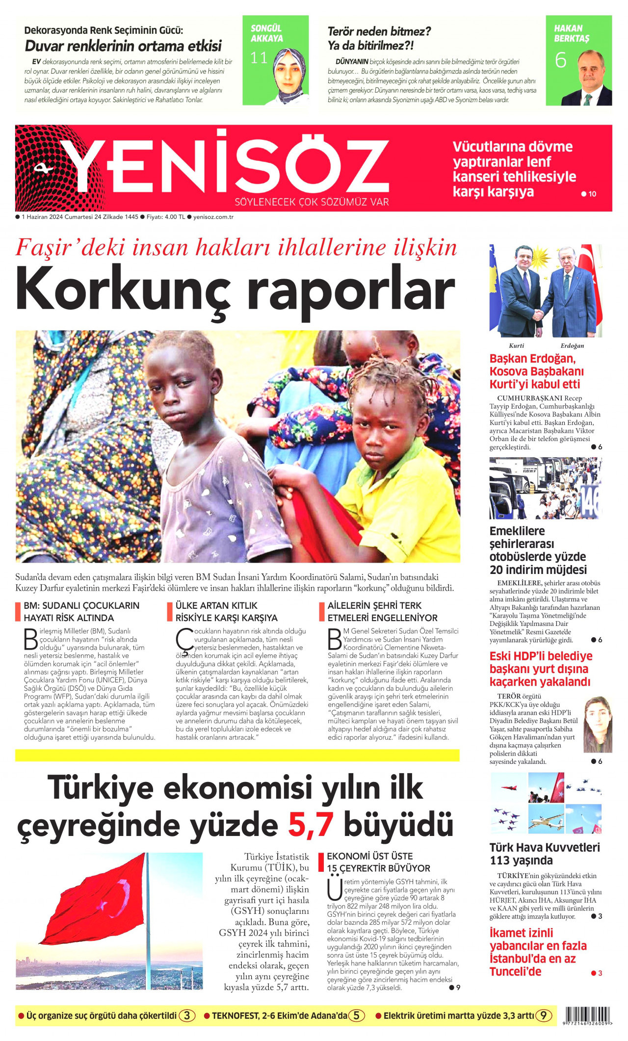 YENİ SÖZ GAZETESİ gazetesinin 1 Haziran 2024 tarihli birinci sayfası