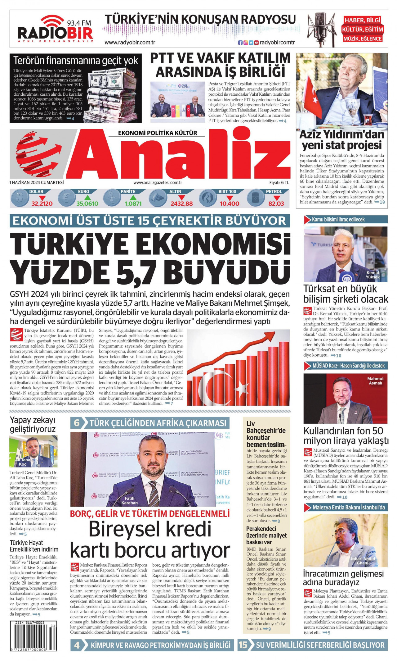 ANALİZ gazetesinin 1 Haziran 2024 tarihli birinci sayfası