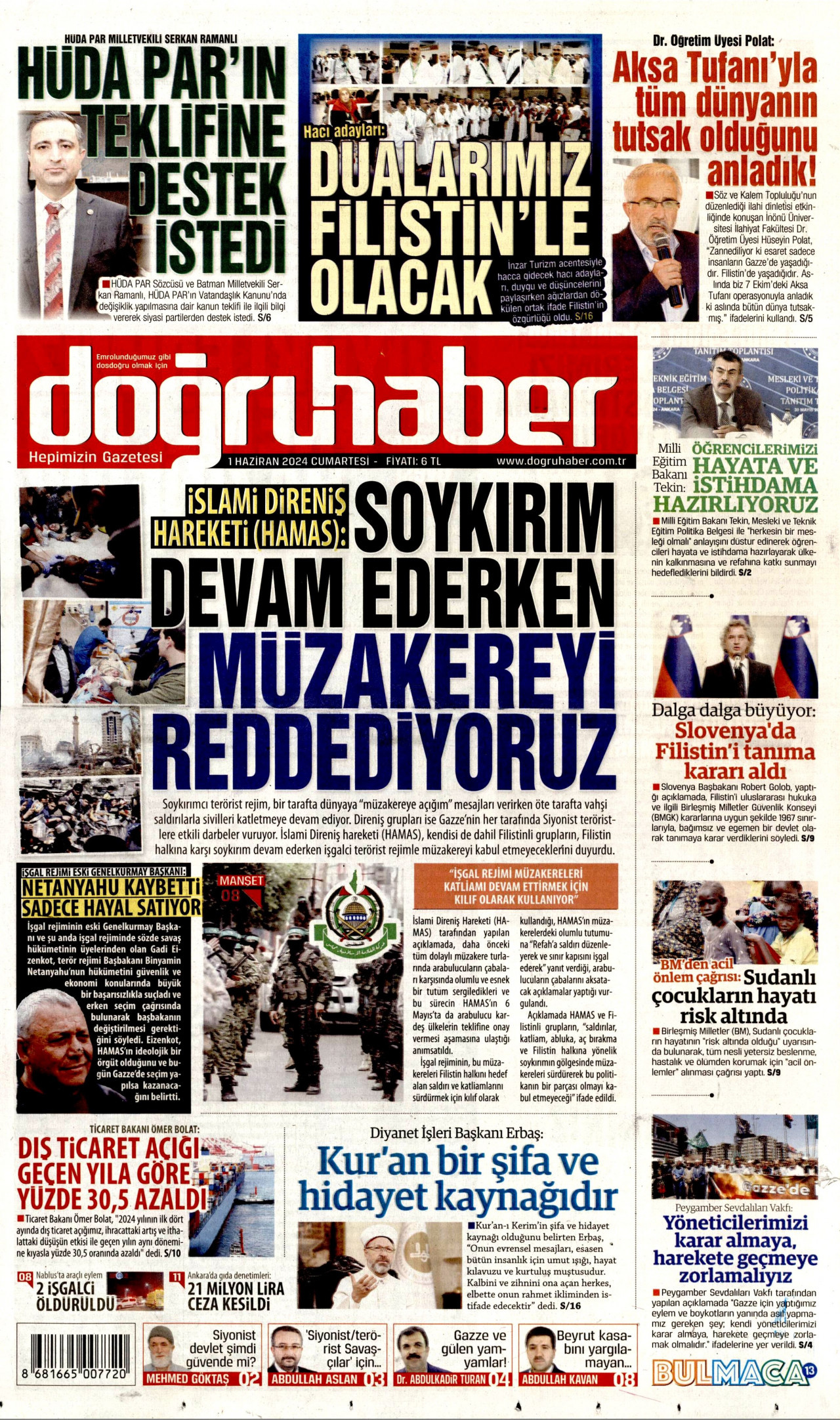 DOĞRU HABER gazetesinin 1 Haziran 2024 tarihli birinci sayfası