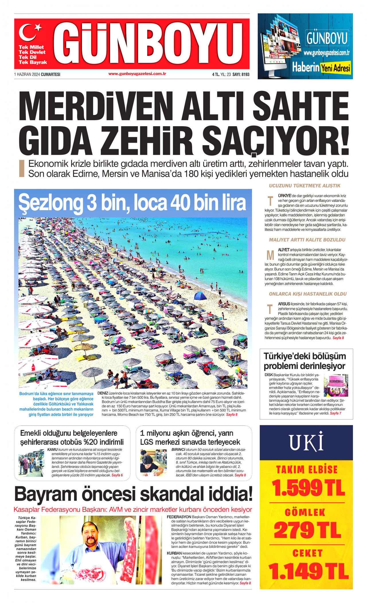 GÜNBOYU gazetesinin 1 Haziran 2024 tarihli birinci sayfası