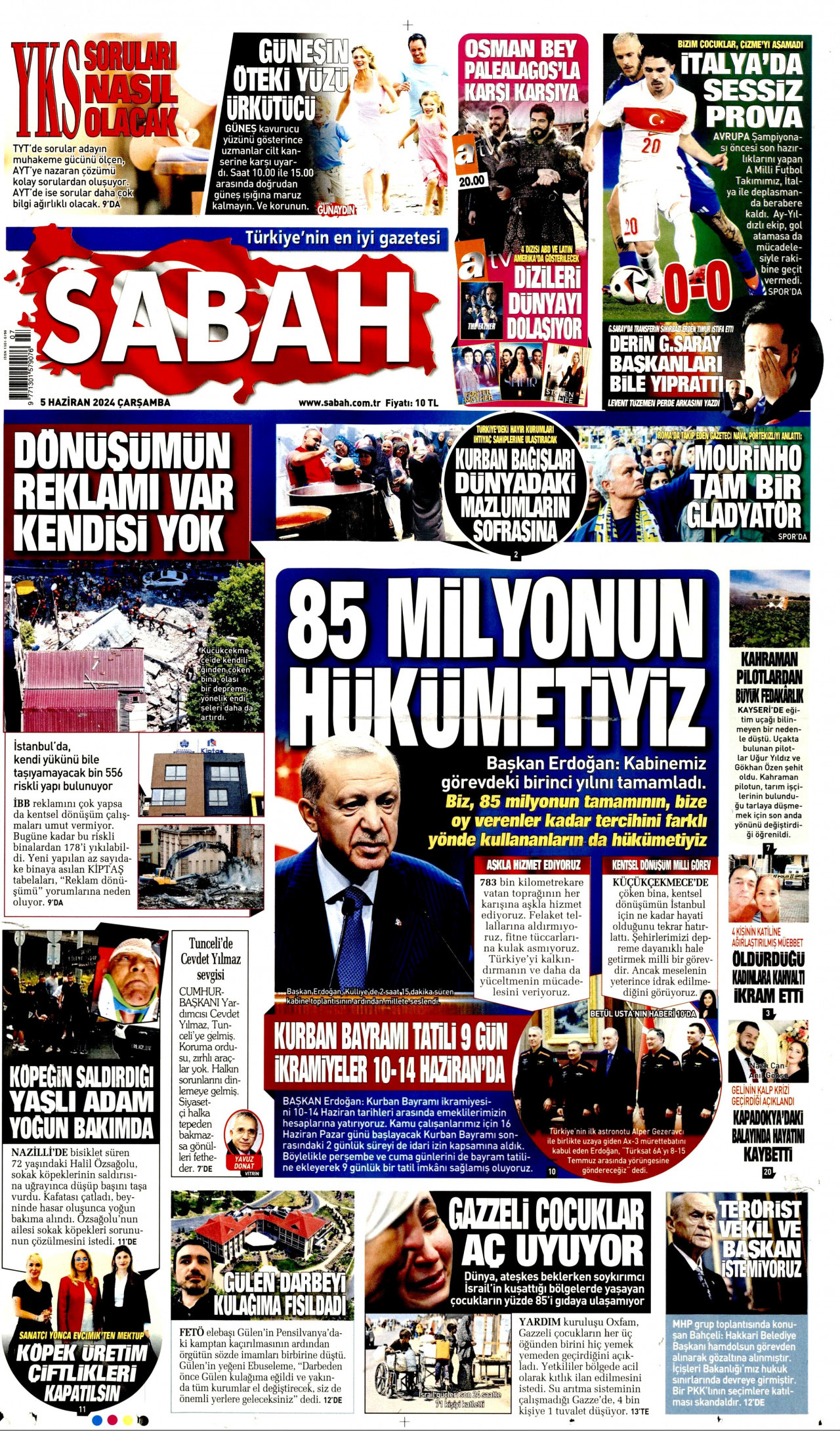 SABAH gazetesinin 5 Haziran 2024 tarihli birinci sayfası