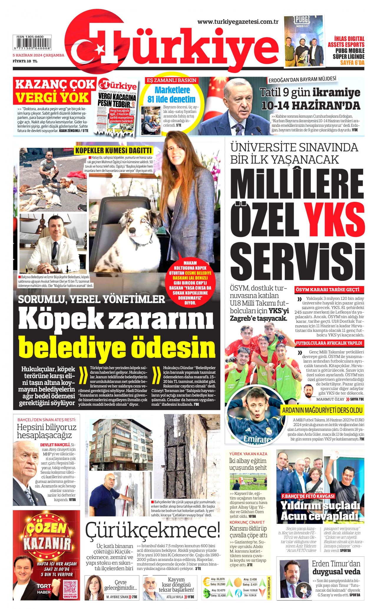 TÜRKİYE GAZETESİ gazetesinin 5 Haziran 2024 tarihli birinci sayfası