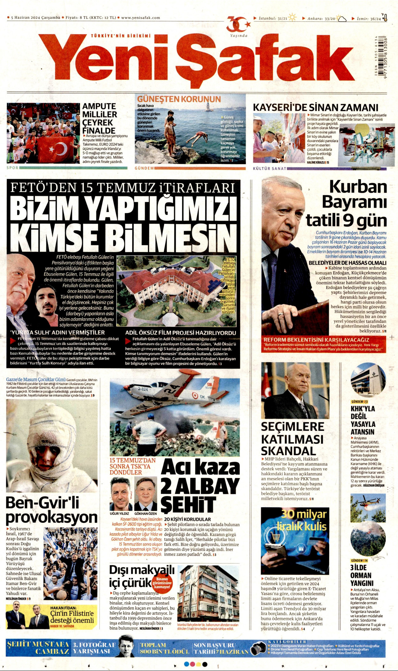 YENİ ŞAFAK gazetesinin 5 Haziran 2024 tarihli birinci sayfası