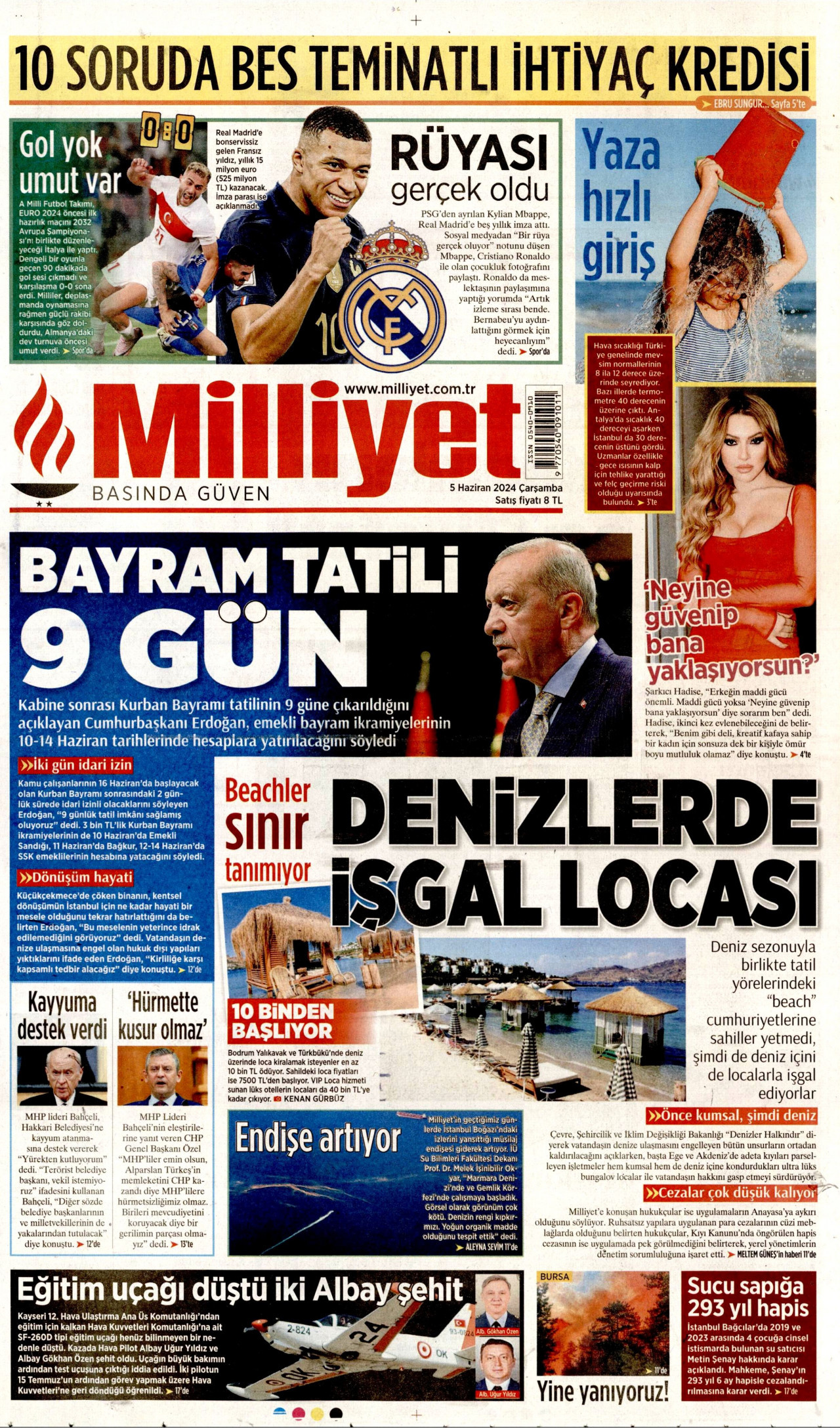 MİLLİYET gazetesinin 5 Haziran 2024 tarihli birinci sayfası