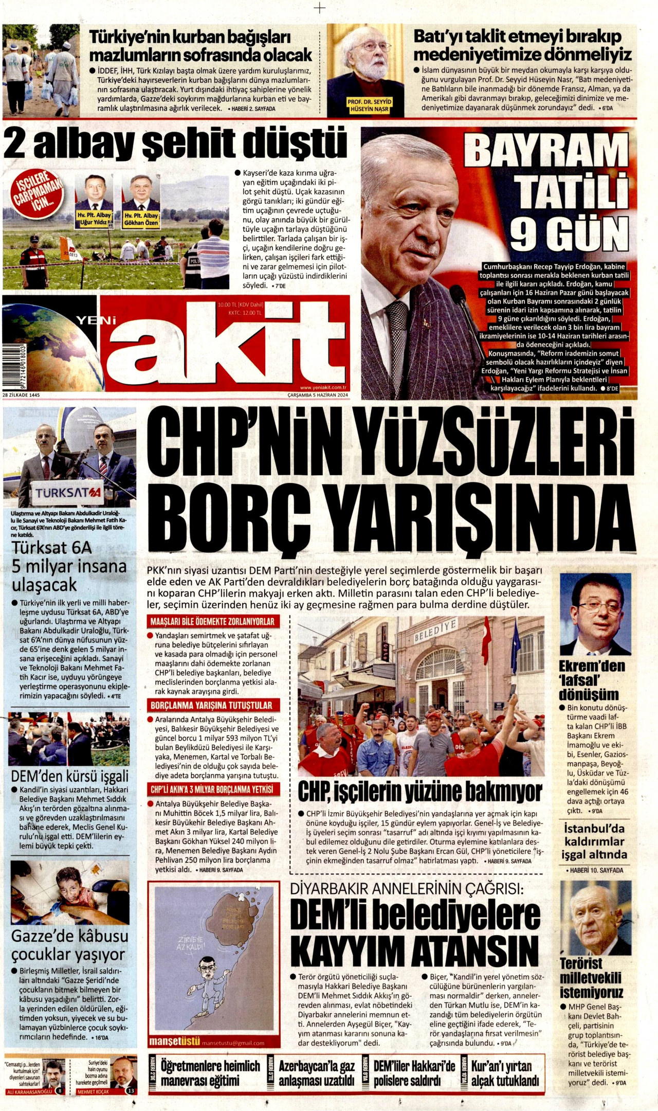 YENİ AKİT gazetesinin 5 Haziran 2024 tarihli birinci sayfası