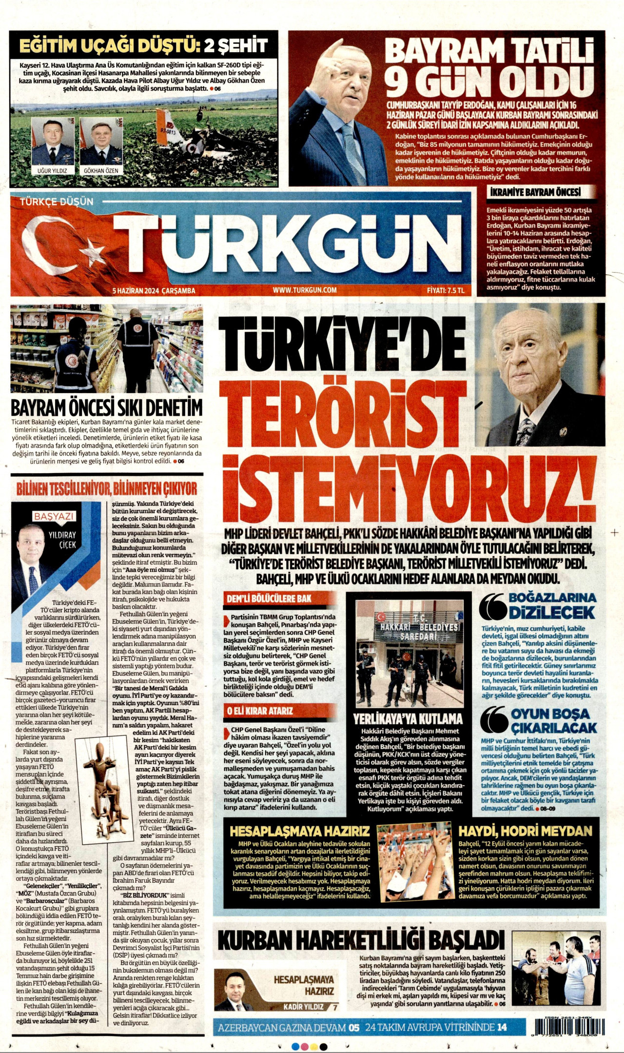 TÜRKGÜN gazetesinin 5 Haziran 2024 tarihli birinci sayfası