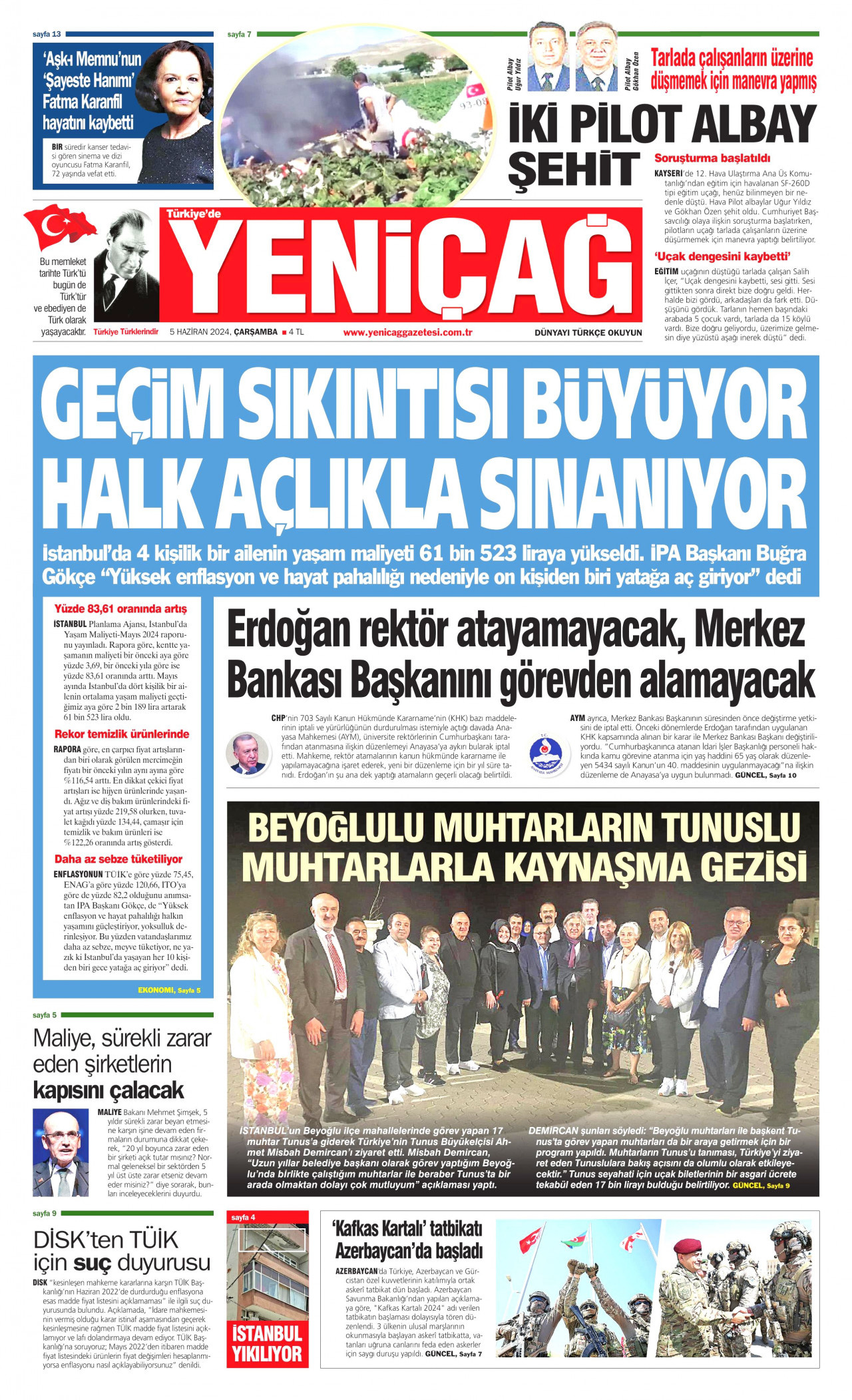 YENİÇAĞ gazetesinin 5 Haziran 2024 tarihli birinci sayfası