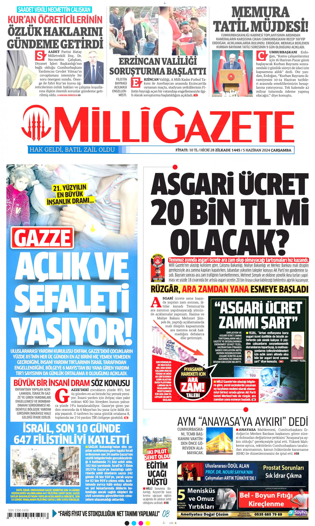 MİLLİ GAZETE gazetesinin 5 Haziran 2024 tarihli birinci sayfası