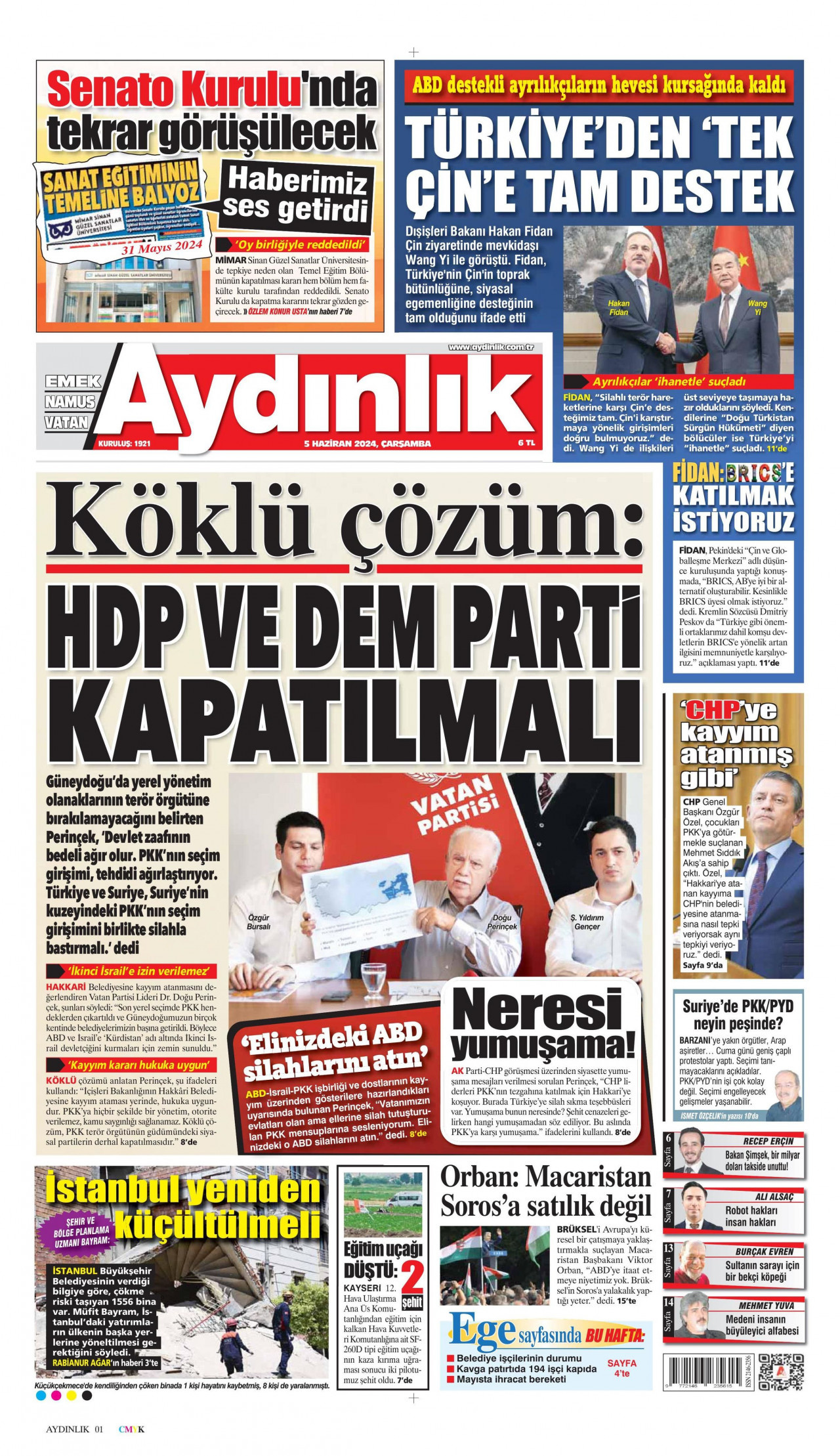 AYDINLIK GAZETESİ gazetesinin 5 Haziran 2024 tarihli birinci sayfası