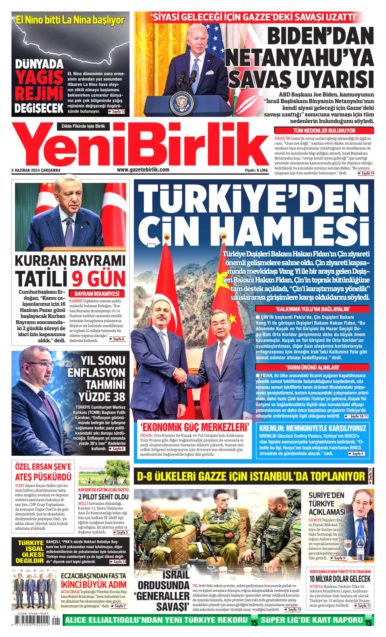 YENİBİRLİK gazetesinin 5 Haziran 2024 tarihli birinci sayfası