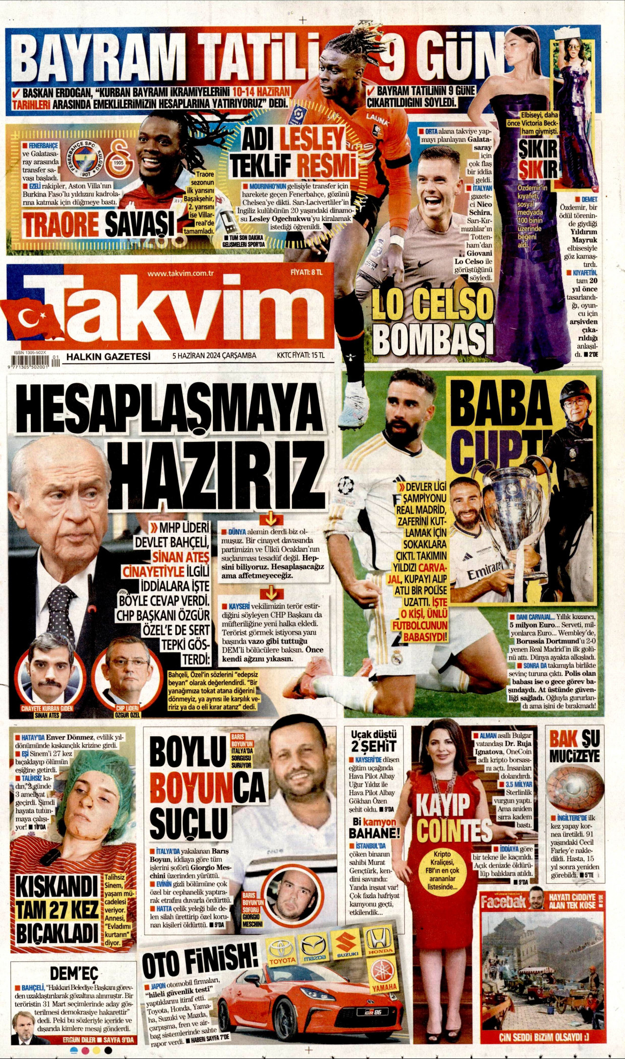 TAKVİM gazetesinin 5 Haziran 2024 tarihli birinci sayfası