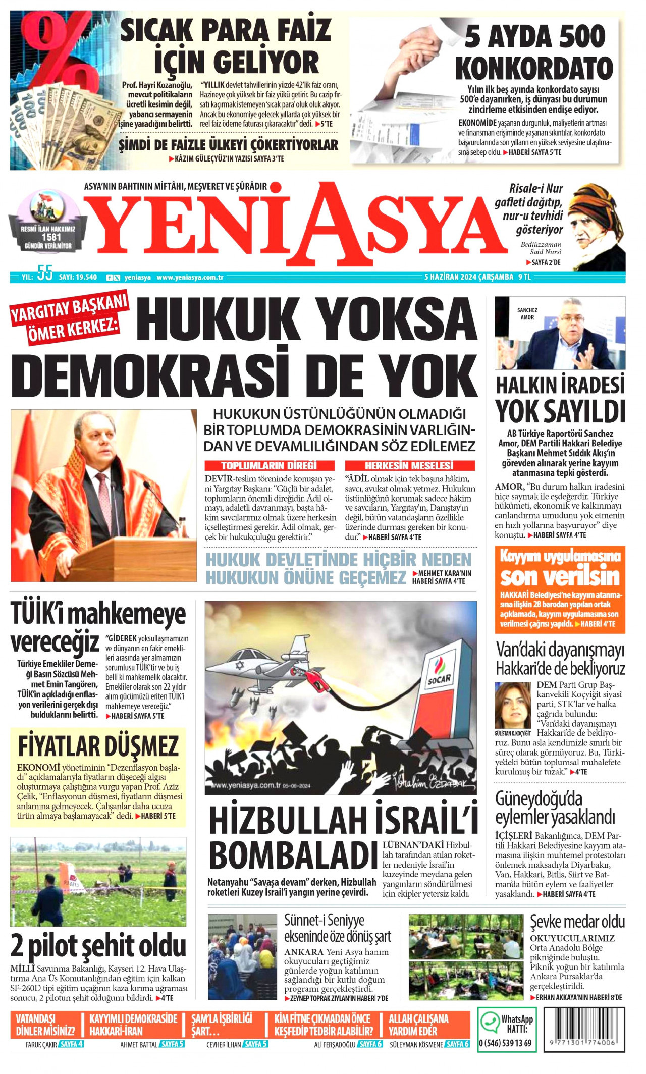 YENİ ASYA gazetesinin 5 Haziran 2024 tarihli birinci sayfası