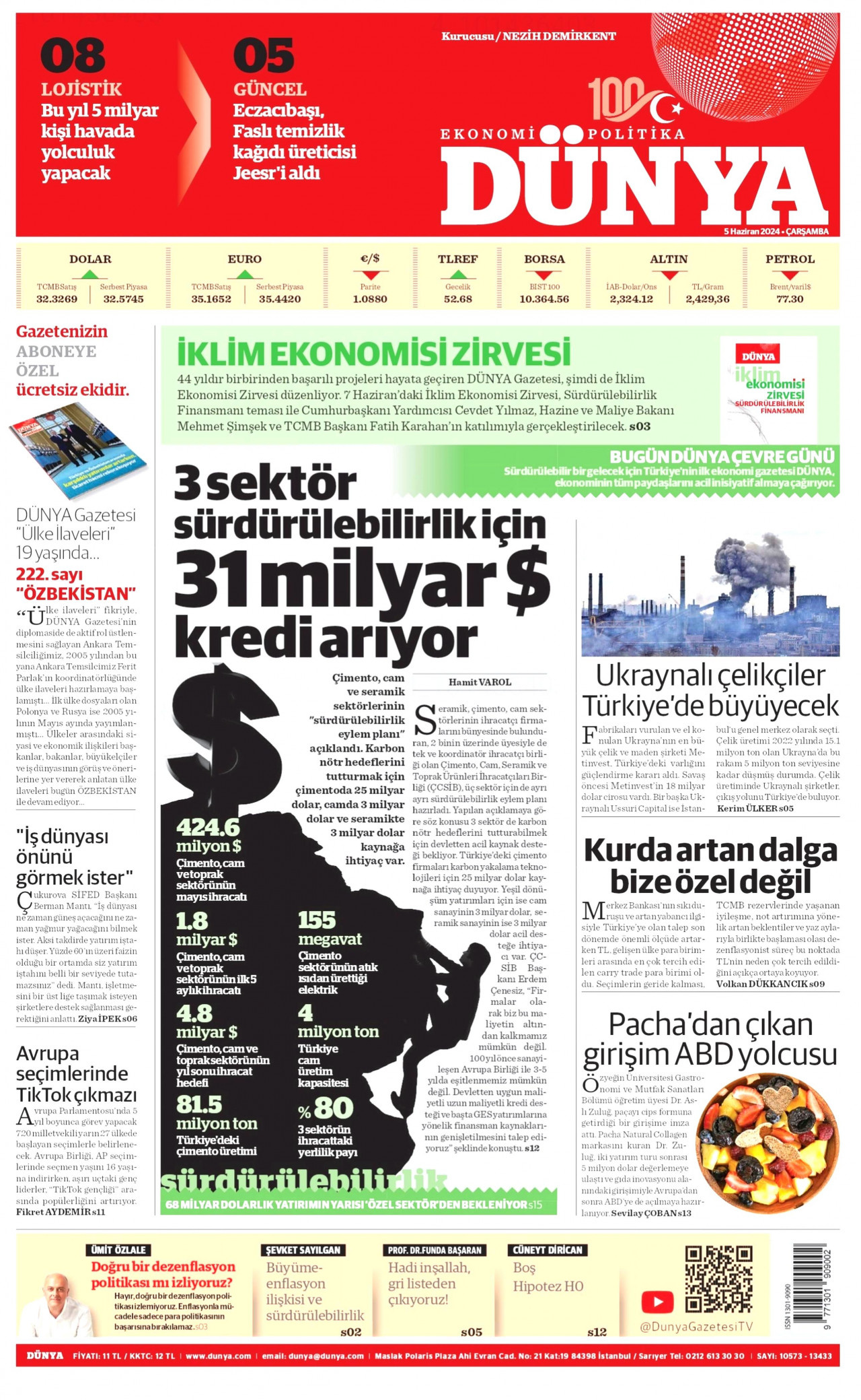DÜNYA gazetesinin 5 Haziran 2024 tarihli birinci sayfası