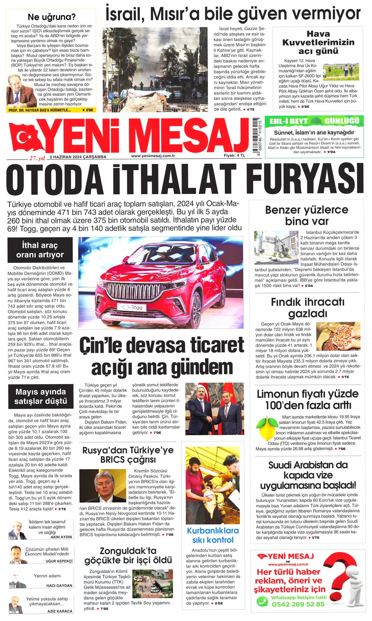 YENİ MESAJ gazetesinin 5 Haziran 2024 tarihli birinci sayfası