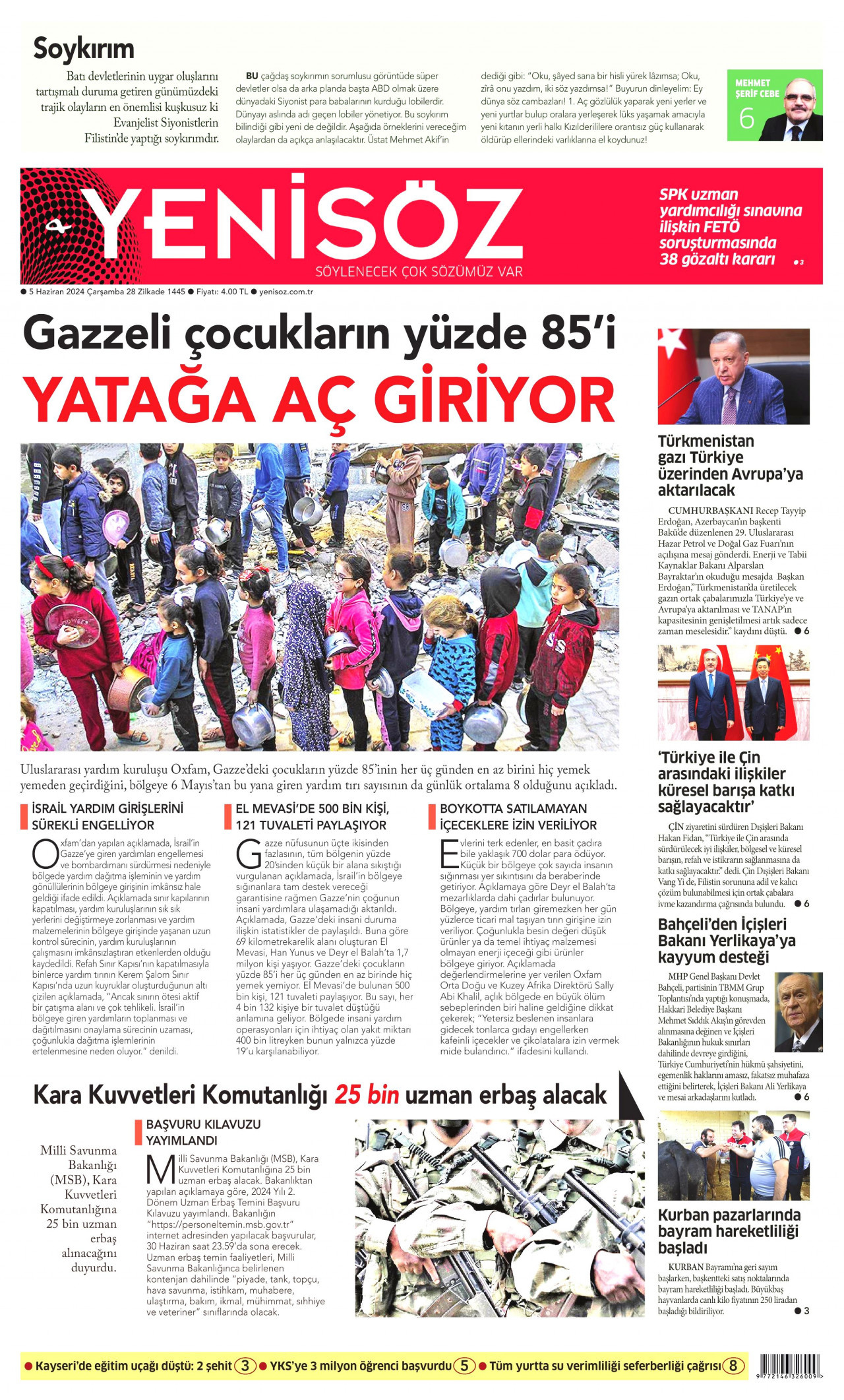 YENİ SÖZ GAZETESİ gazetesinin 5 Haziran 2024 tarihli birinci sayfası