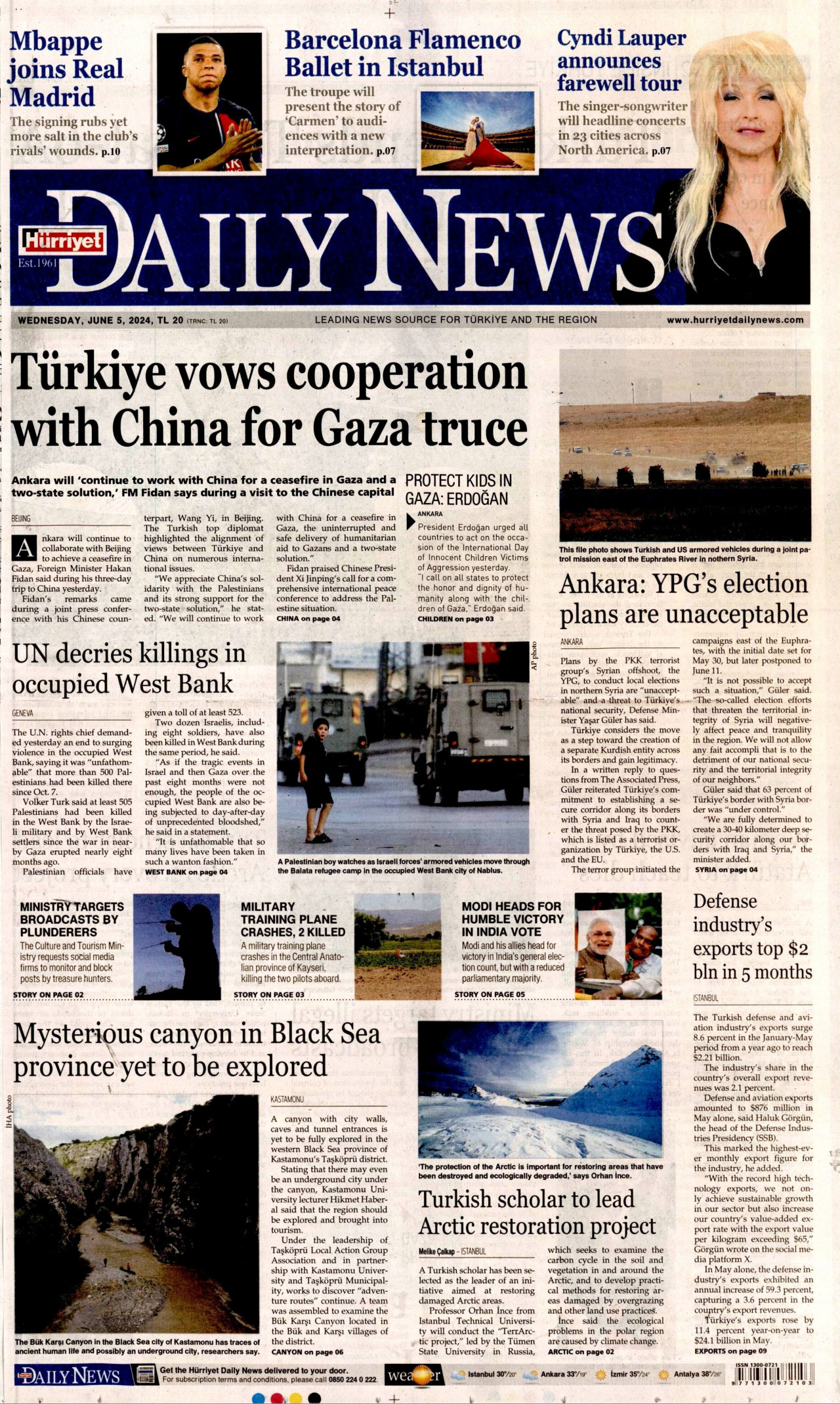 HÜRRİYET DAİLY NEWS gazetesinin 5 Haziran 2024 tarihli birinci sayfası
