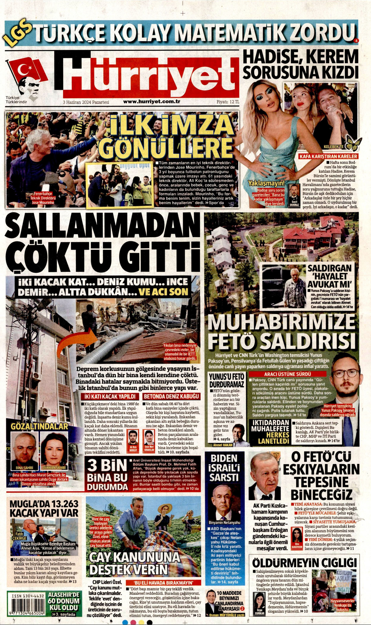 HÜRRİYET gazetesinin 3 Haziran 2024 tarihli birinci sayfası