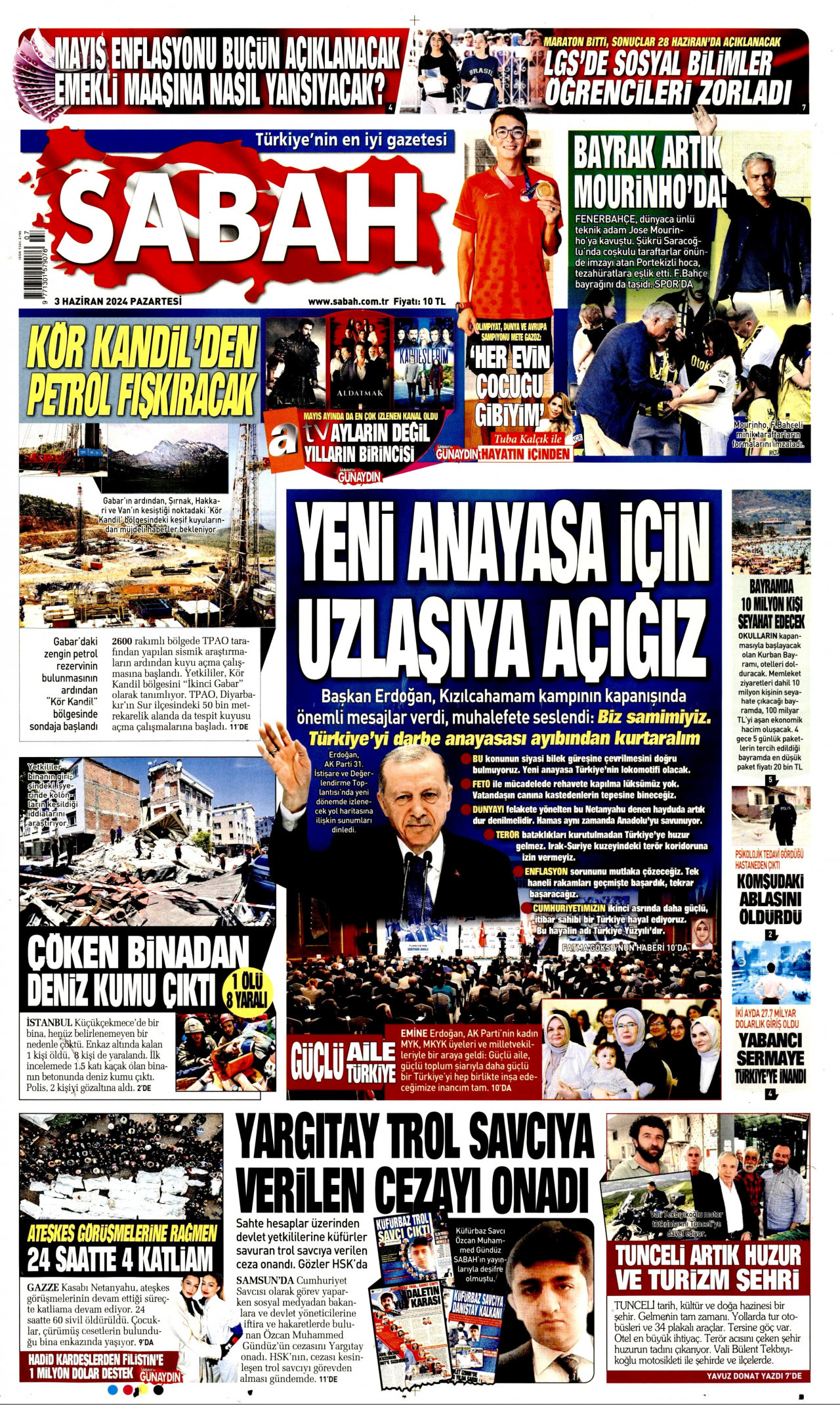 SABAH gazetesinin 3 Haziran 2024 tarihli birinci sayfası