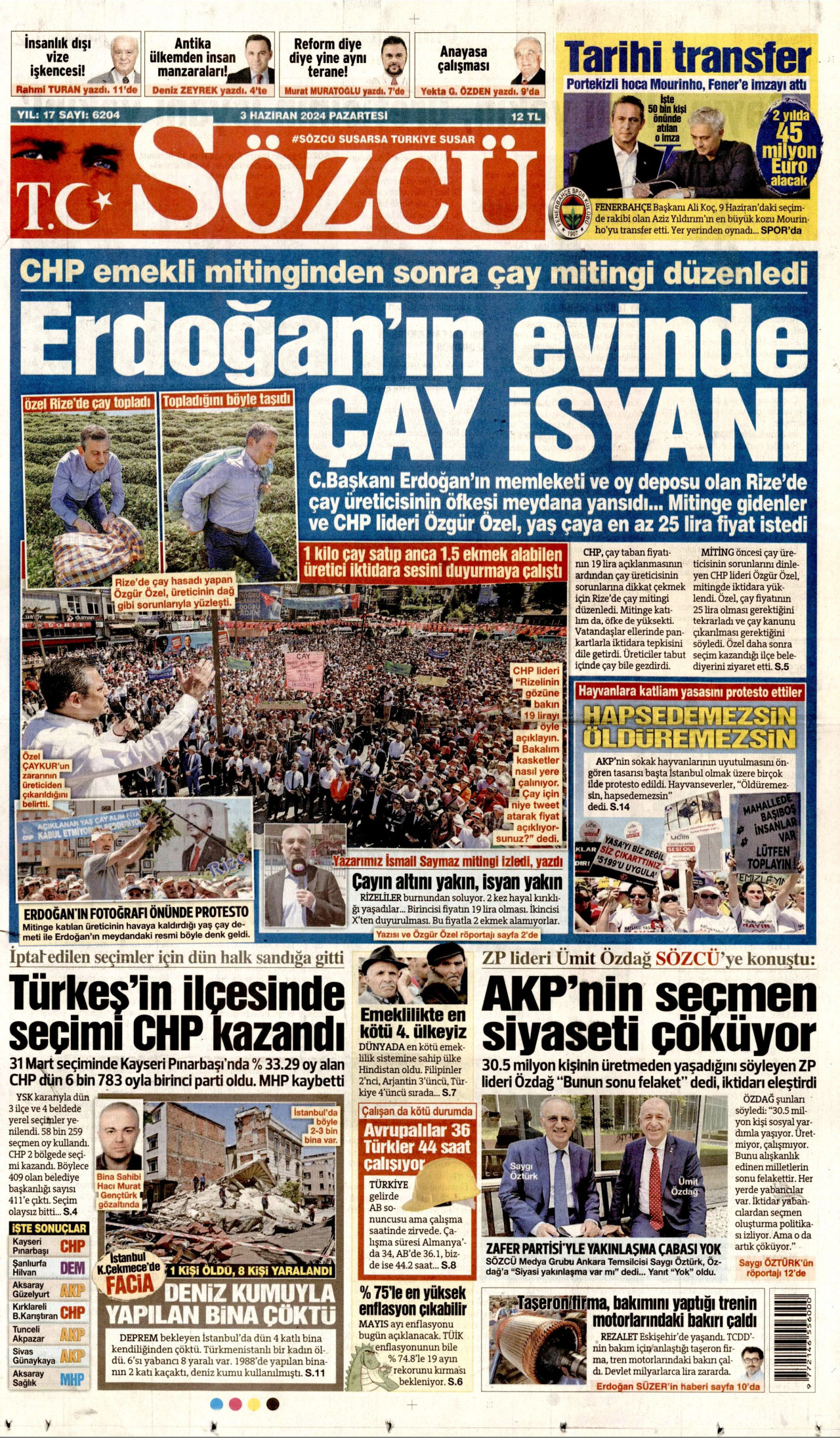 SÖZCÜ gazetesinin 3 Haziran 2024 tarihli birinci sayfası