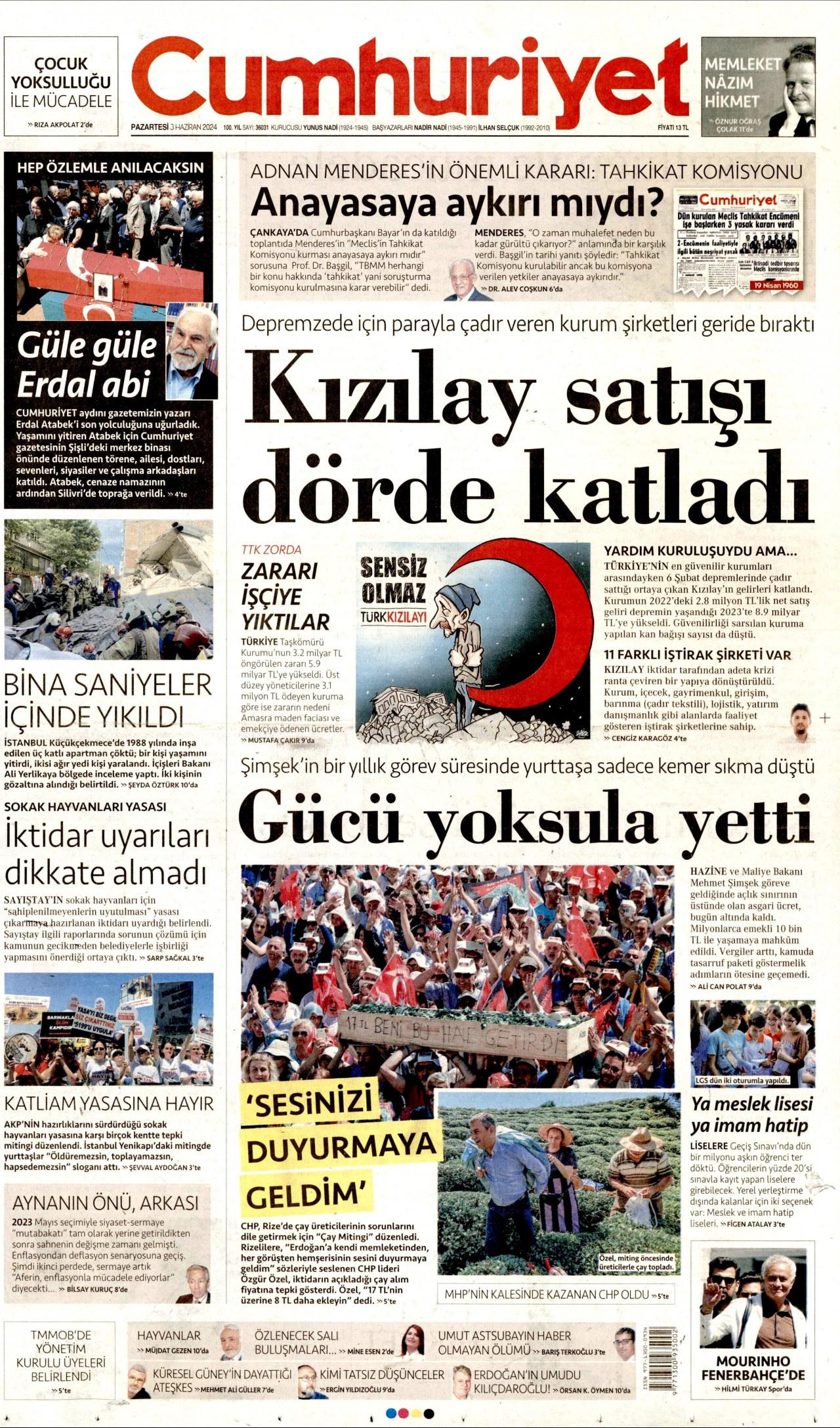 CUMHURİYET gazetesinin 3 Haziran 2024 tarihli birinci sayfası