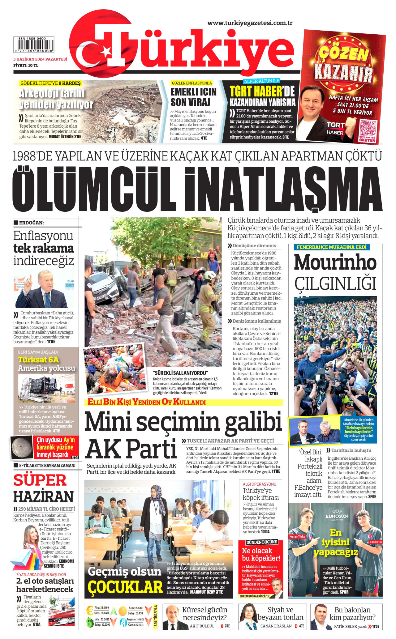 TÜRKİYE GAZETESİ gazetesinin 3 Haziran 2024 tarihli birinci sayfası