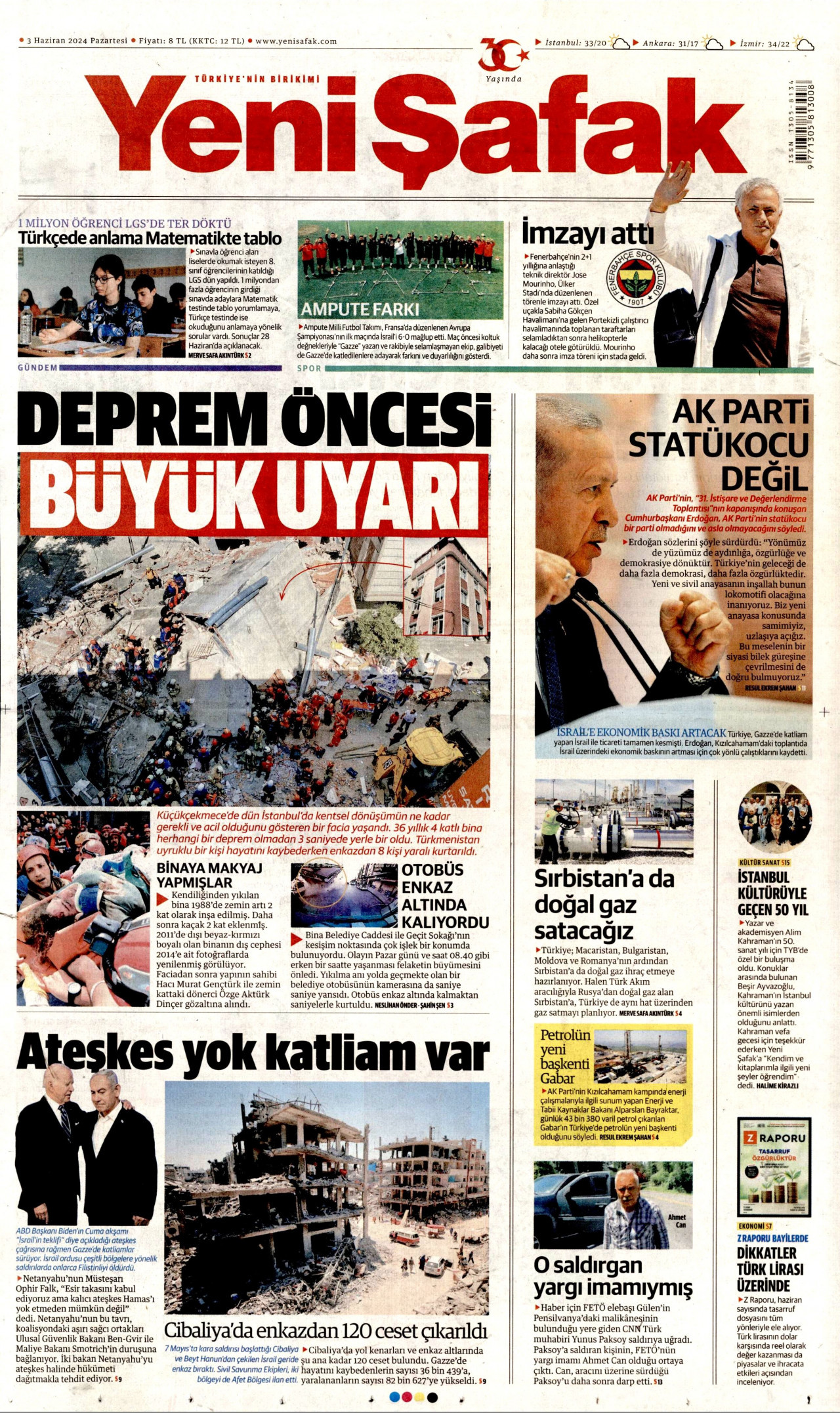 YENİ ŞAFAK gazetesinin 3 Haziran 2024 tarihli birinci sayfası