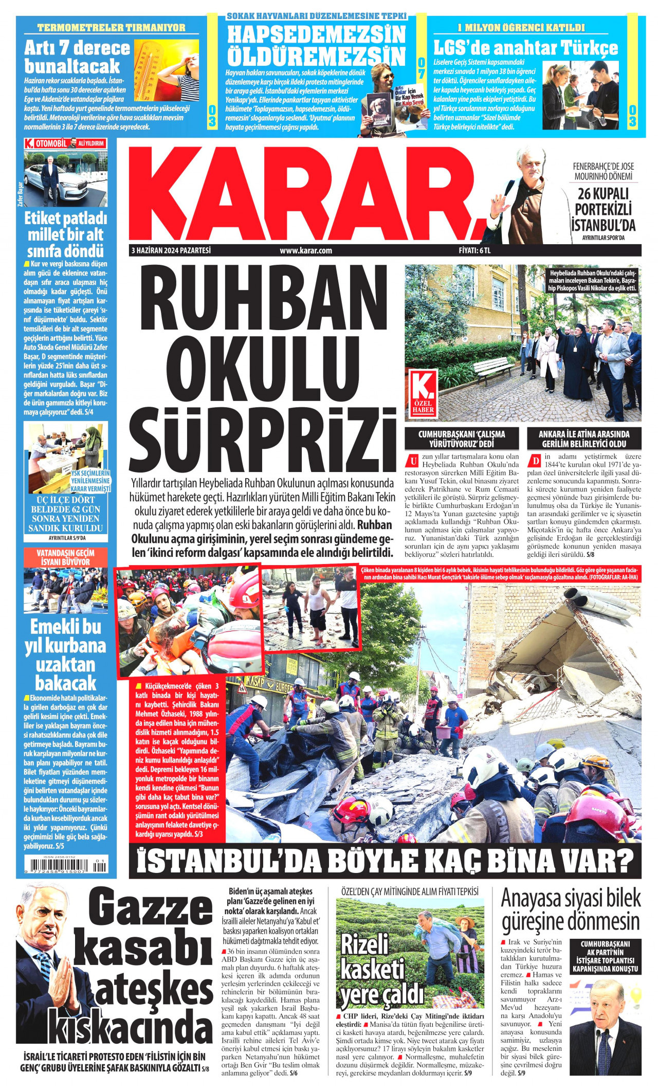 KARAR gazetesinin 3 Haziran 2024 tarihli birinci sayfası